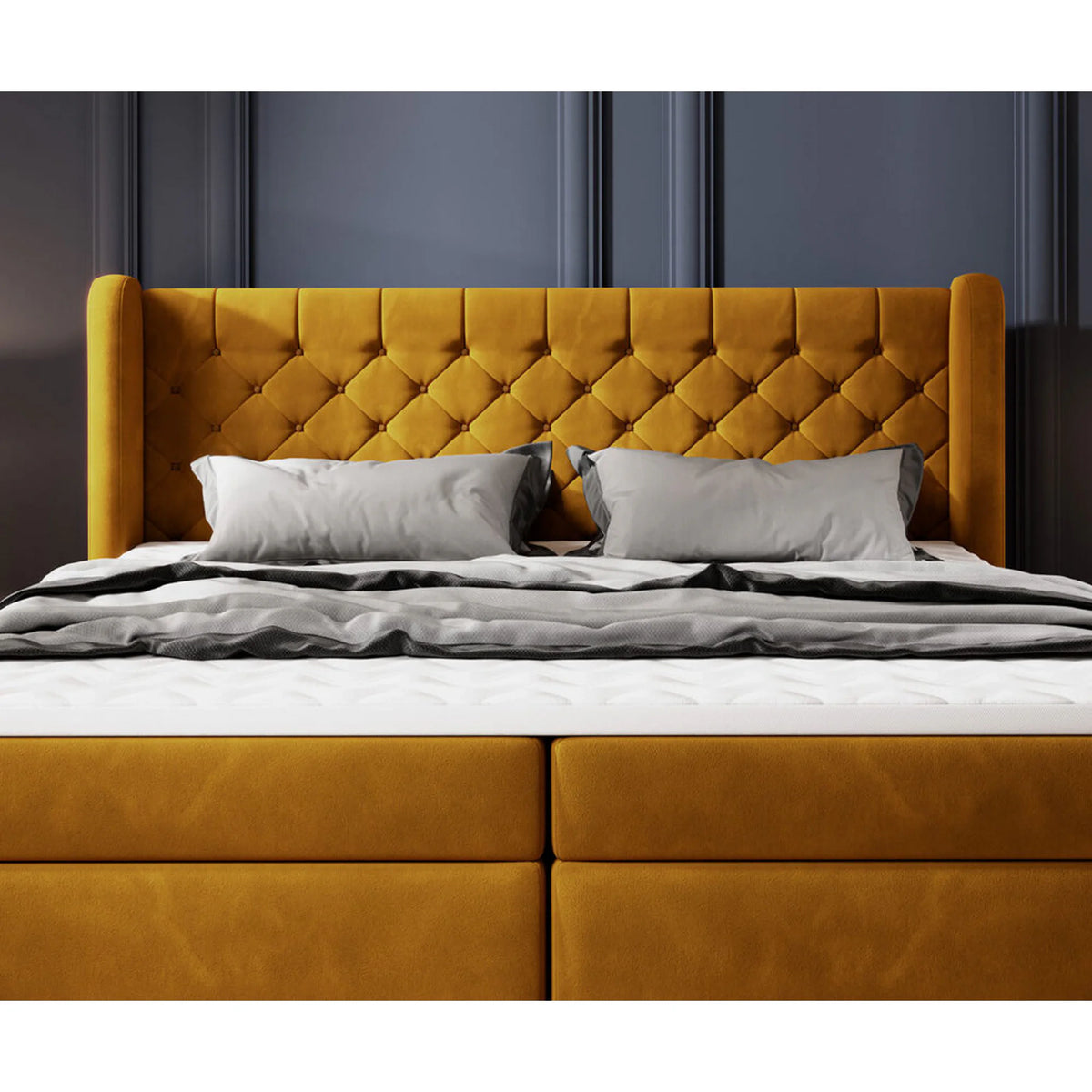 Pat boxspring MADISON 160x200, stofa buclata verde - Now or Never 38, Gama Premium, cu saltele si topper