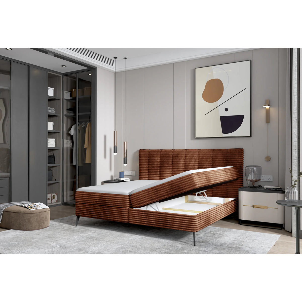 Pat boxspring MARTINA 140x200, personalizabil materiale Gama Premium, cu saltea, topper si lada depozitare