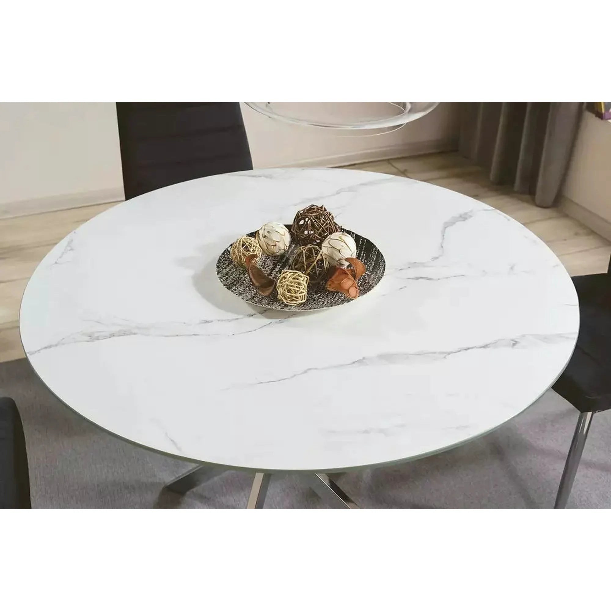 Masa AGIS, alb cu efect de marmura, sticla/metal, 90x90x73 cm