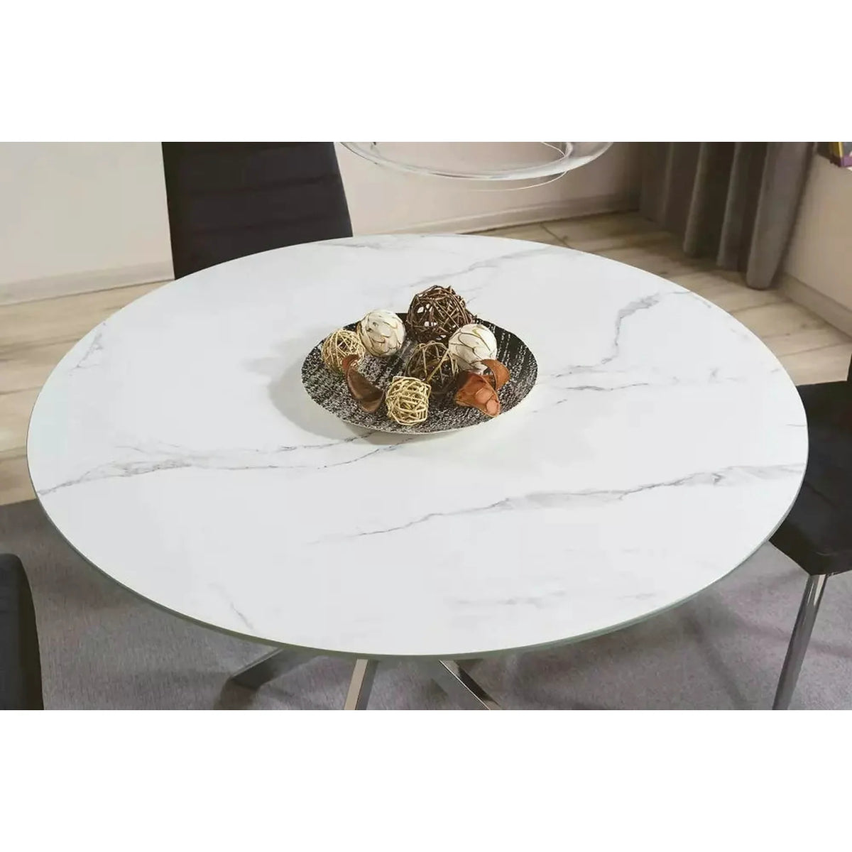 Masa AGIS, alb cu efect de marmura, sticla/metal, 90x90x73 cm