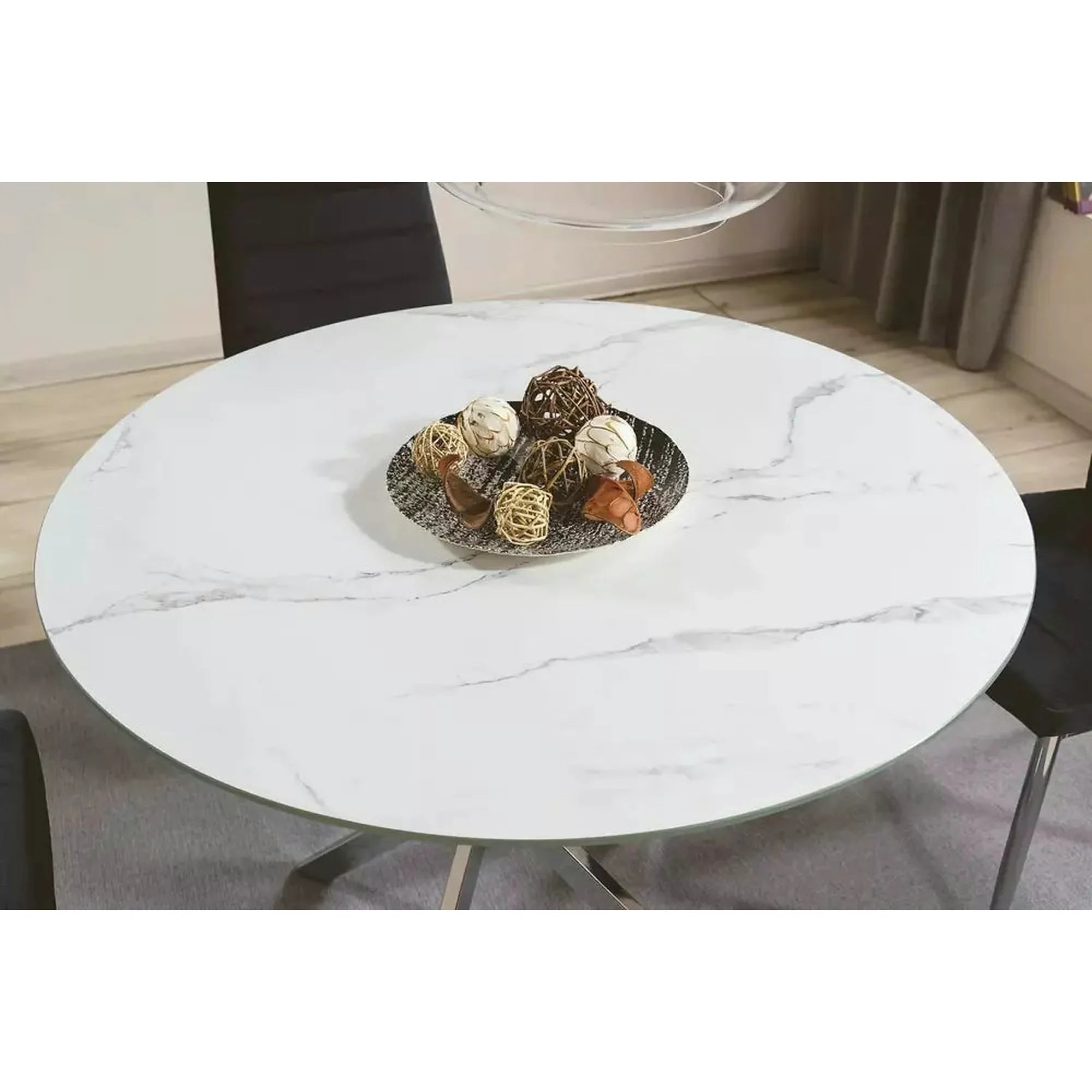 Masa AGIS, alb cu efect de marmura, sticla/metal, 90x90x73 cm