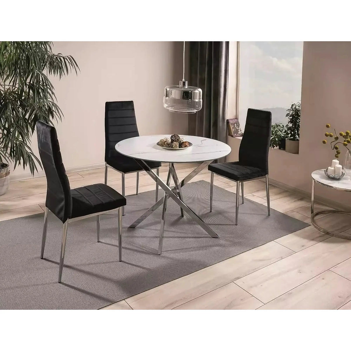Masa AGIS, alb cu efect de marmura, sticla/metal, 90x90x73 cm