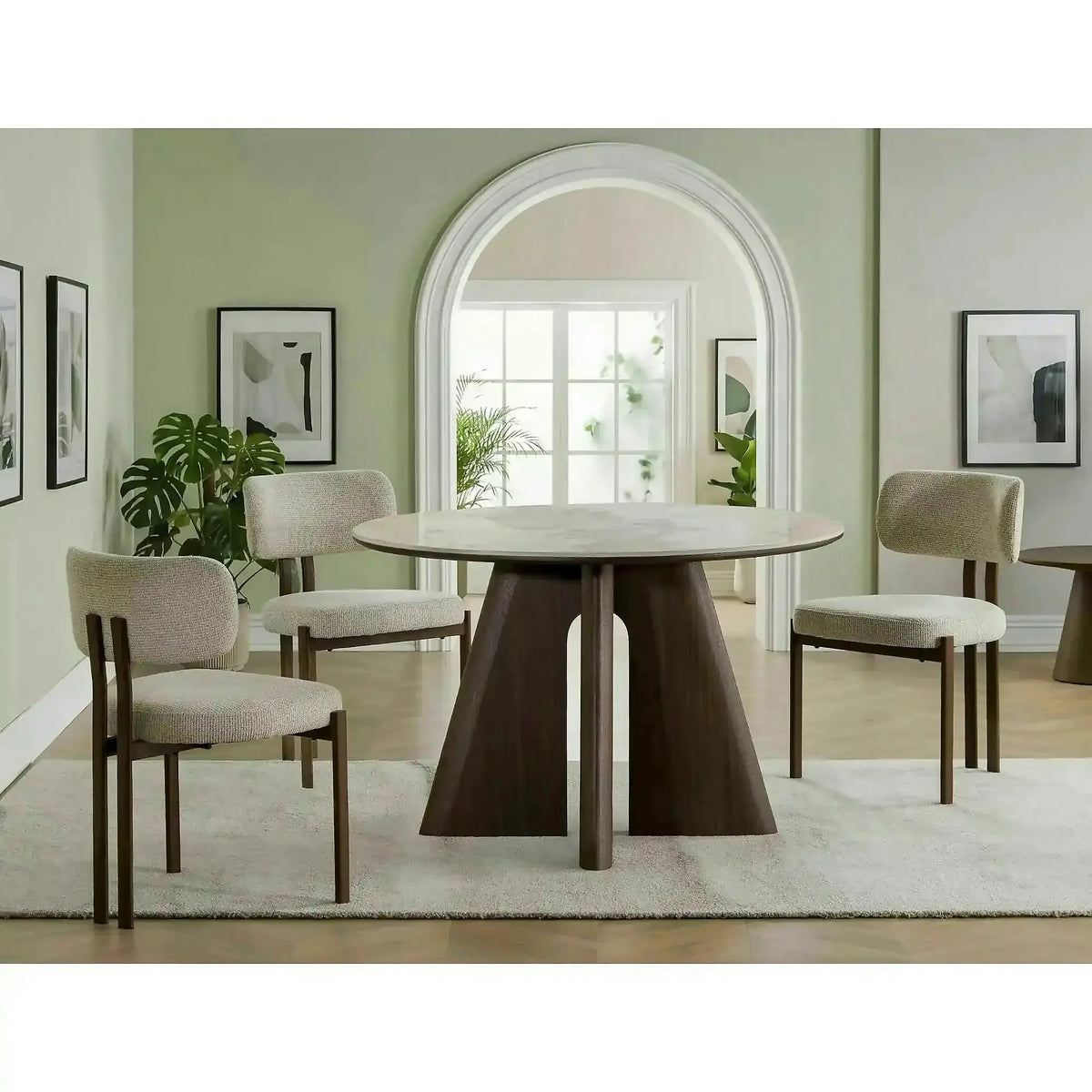 Masă ALZANO, alb lucios/nuc, ceramică/furnir/MDF, Ø120x77 cm