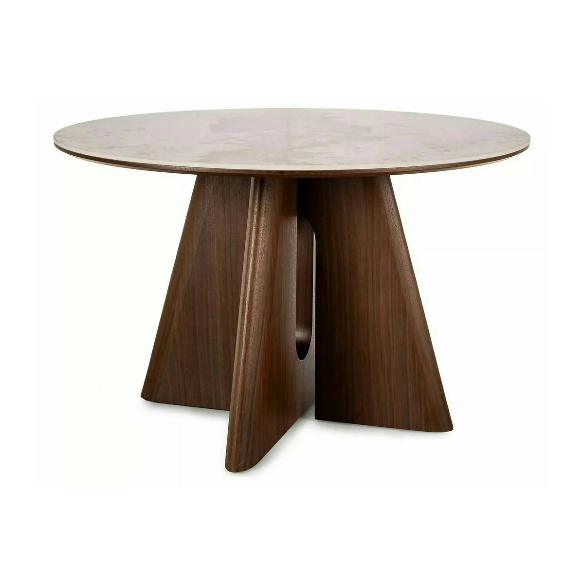 Masă ALZANO, alb lucios/nuc, ceramică/furnir/MDF, Ø120x77 cm