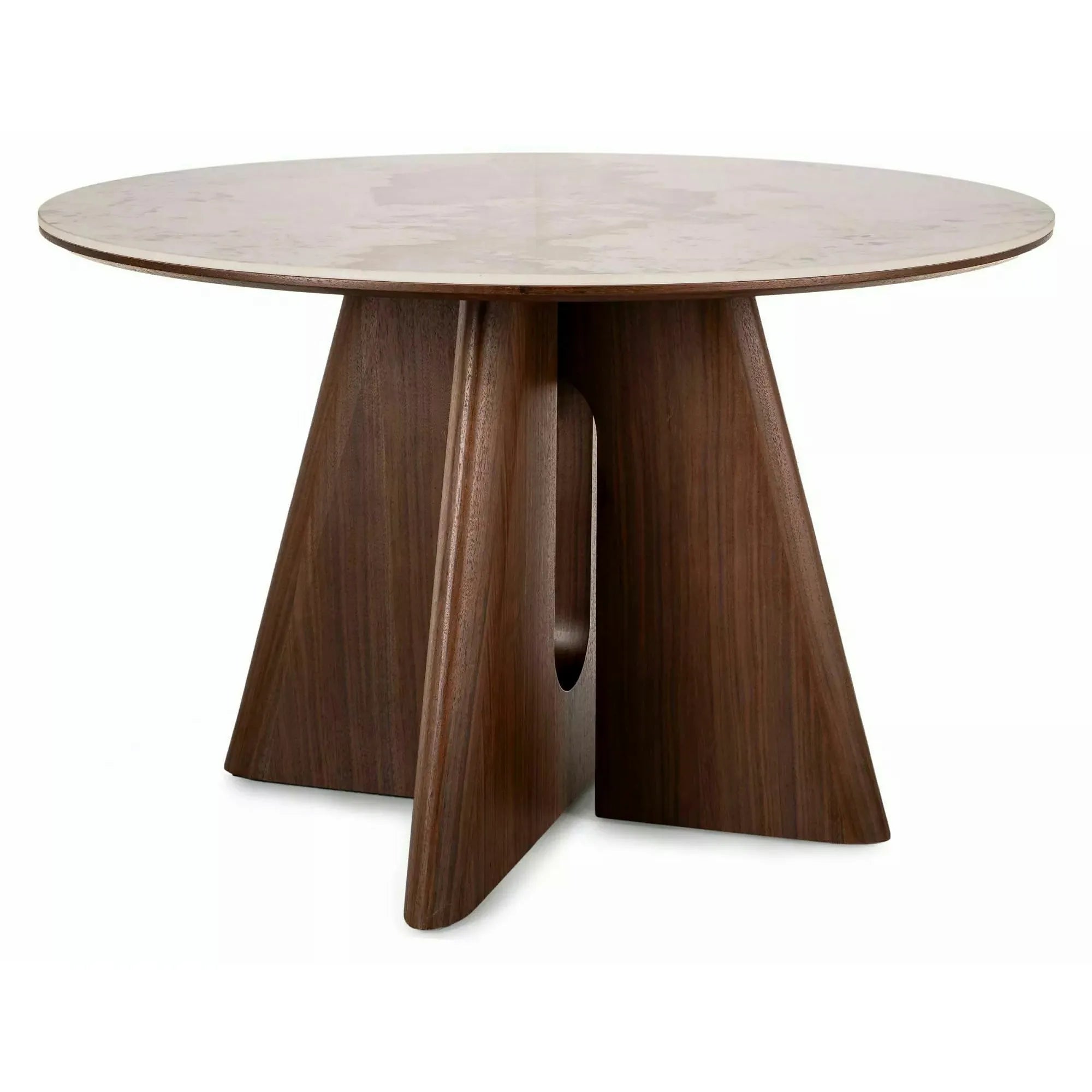 Masă ALZANO, alb lucios/nuc, ceramică/furnir/MDF, Ø120x77 cm