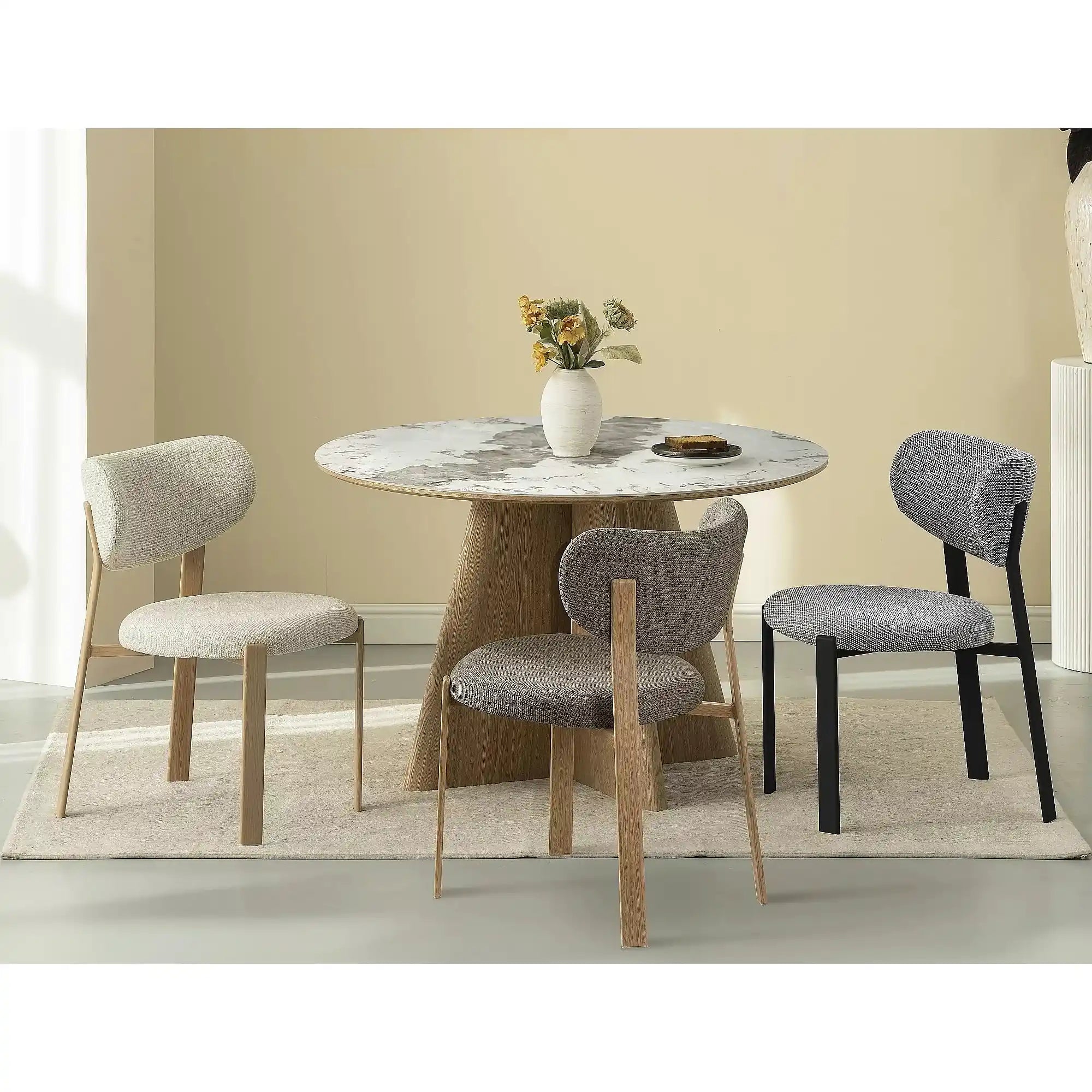 Masă ALZANO, alb lucios/stejar, ceramică/furnir/MDF, Ø120x77 cm