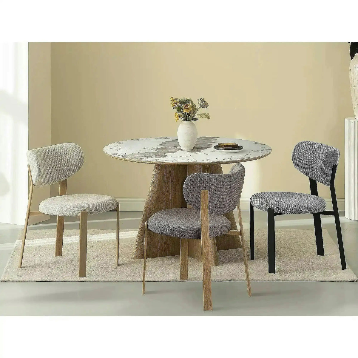 Masă ALZANO, alb lucios/stejar, ceramică/furnir/MDF, Ø120x77 cm