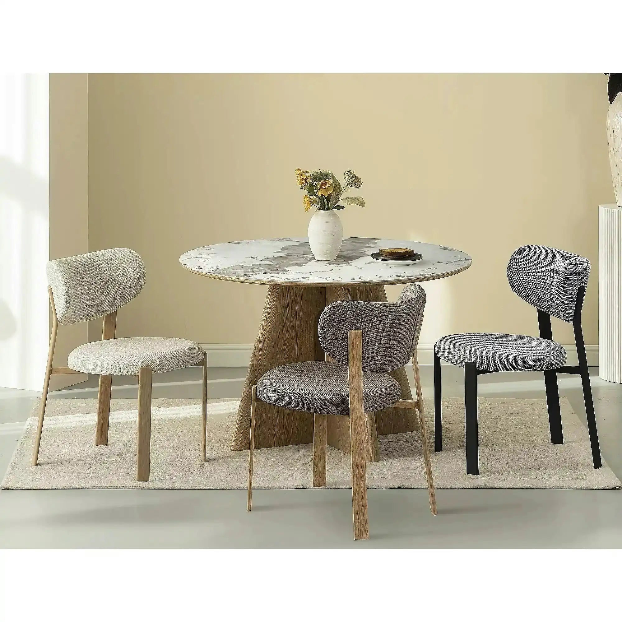 Masă ALZANO, alb lucios/stejar, ceramică/furnir/MDF, Ø120x77 cm