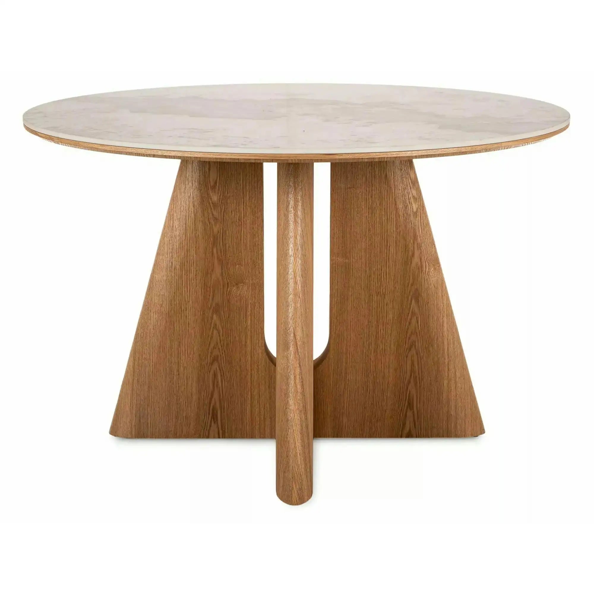 Masă ALZANO, alb lucios/stejar, ceramică/furnir/MDF, Ø120x77 cm