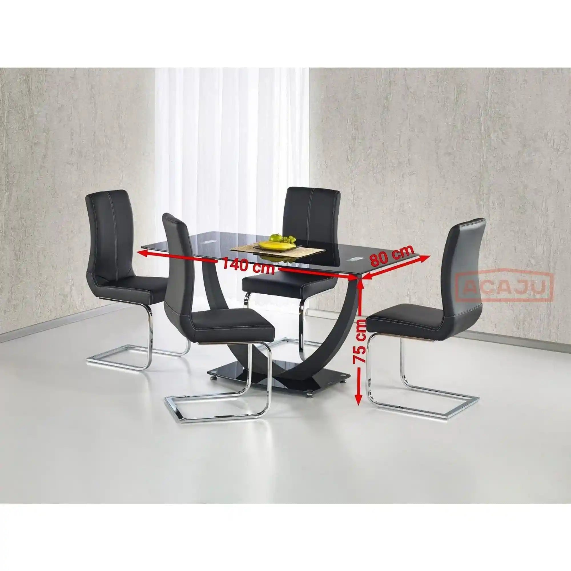 Masa ANTON, negru transparent/negru, sticla/metal, 140x80x75 cm