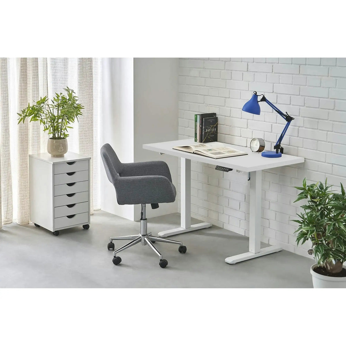 Masa birou B54, alb, PAL laminat/otel, 120x60x75-120 cm