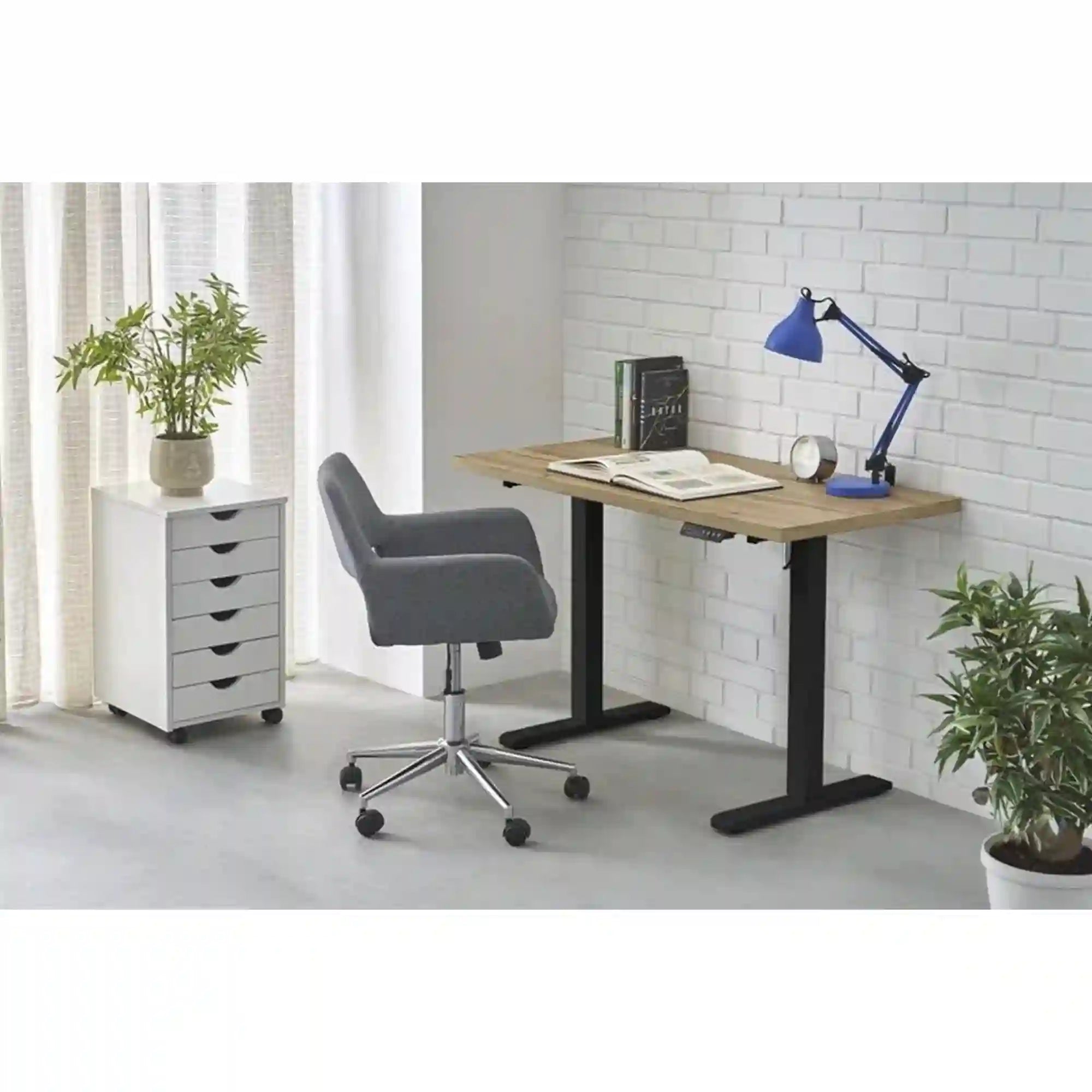 Masa birou B54, stejar artisan/negru, PAL laminat/otel, 120x60x75-120 cm