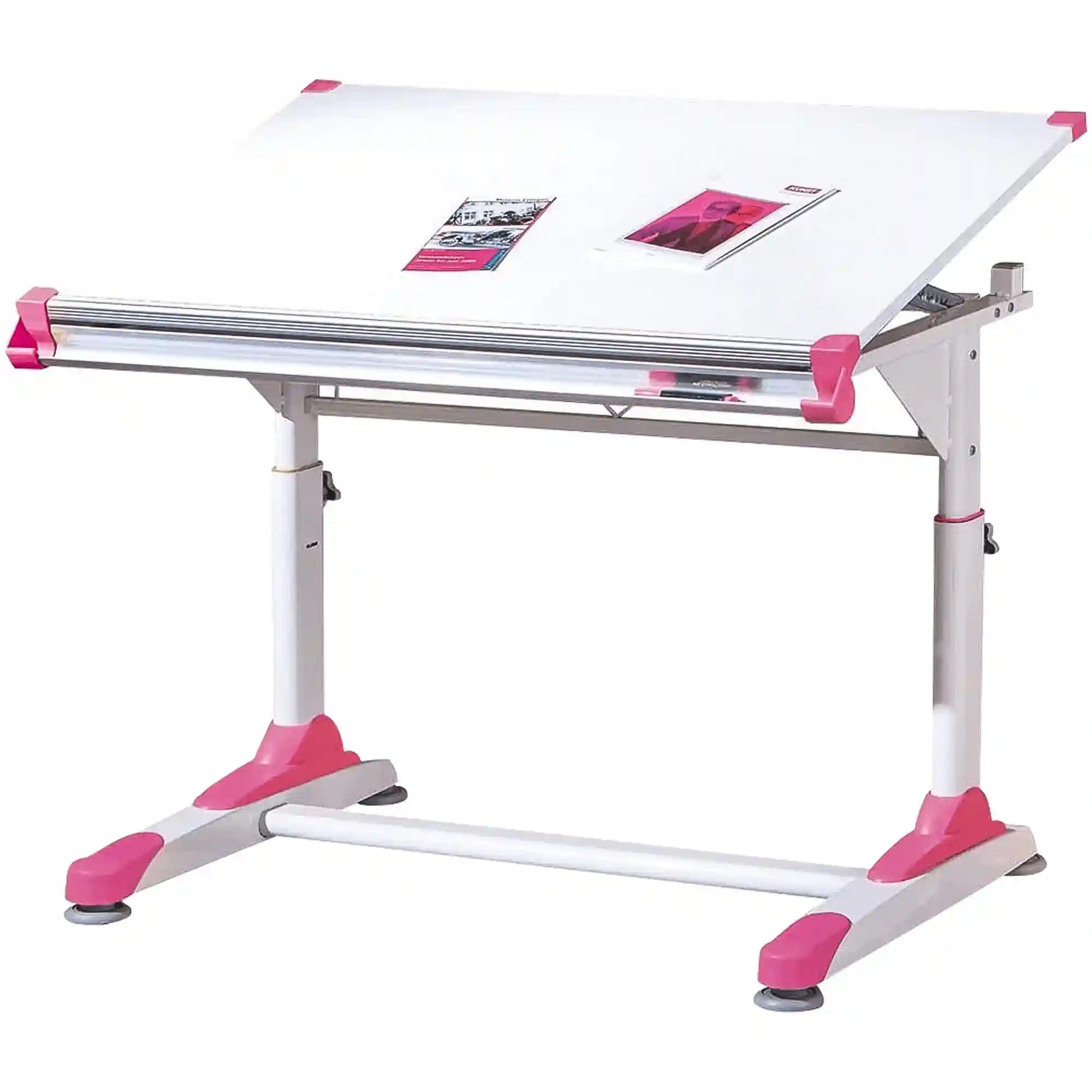 Masa birou COLLORIDO, alb/roz, 100x66x69/84 cm