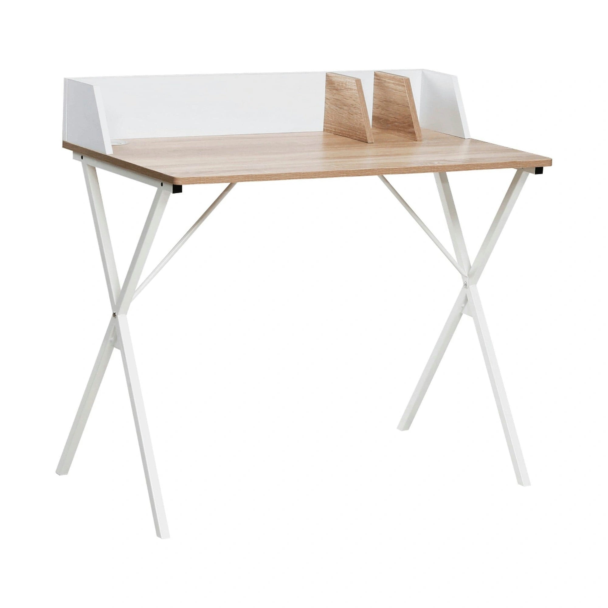 Masa birou PSALMO, alb/stejar, DTD laminat/metal, 90x50x85 cm