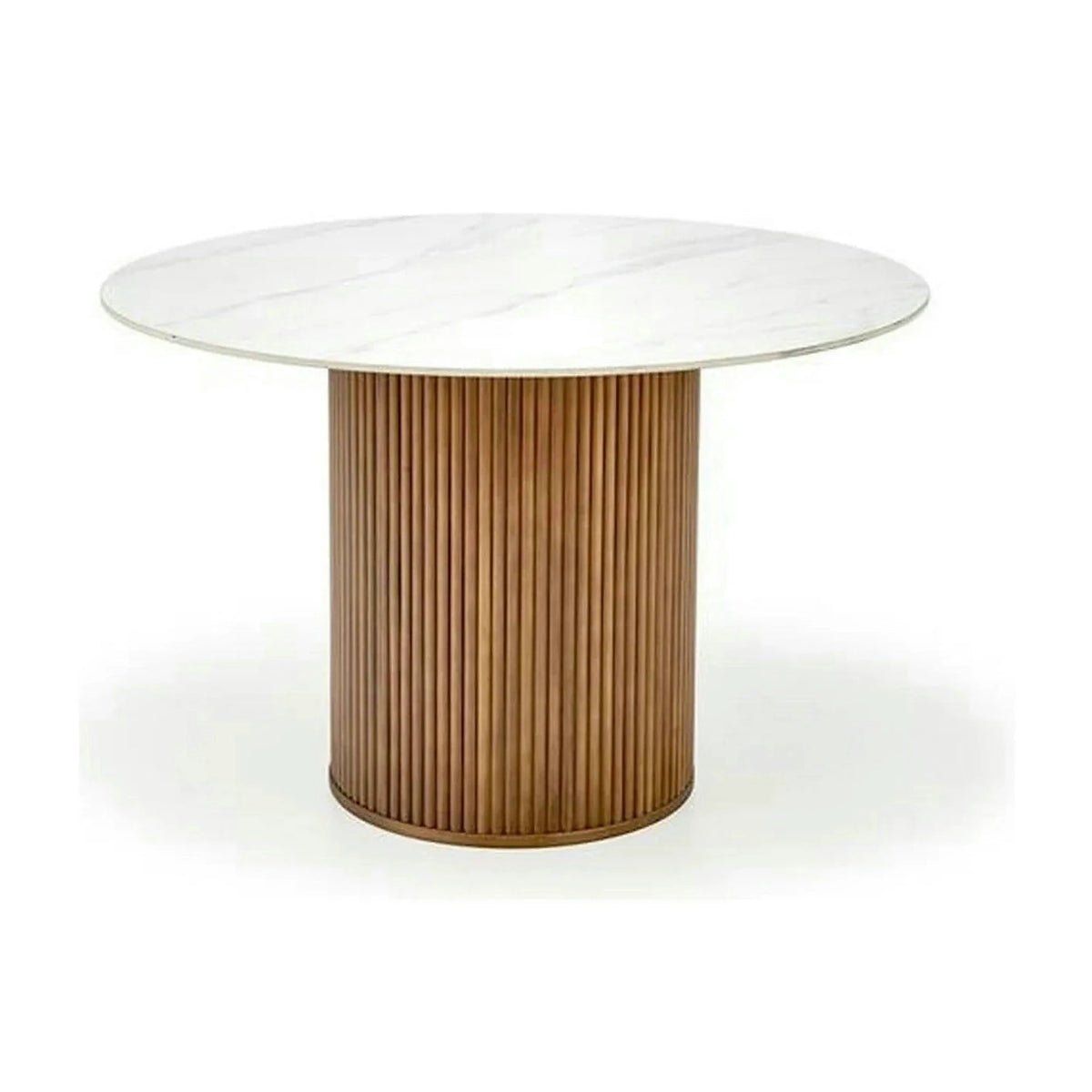 Masa BRUNO, alb cu efect de marmura/nuc, 120x120x76 cm