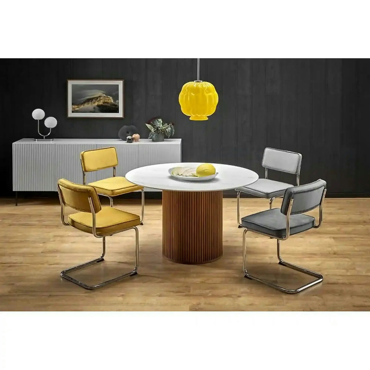 Masa BRUNO, alb cu efect de marmura/nuc, 120x120x76 cm