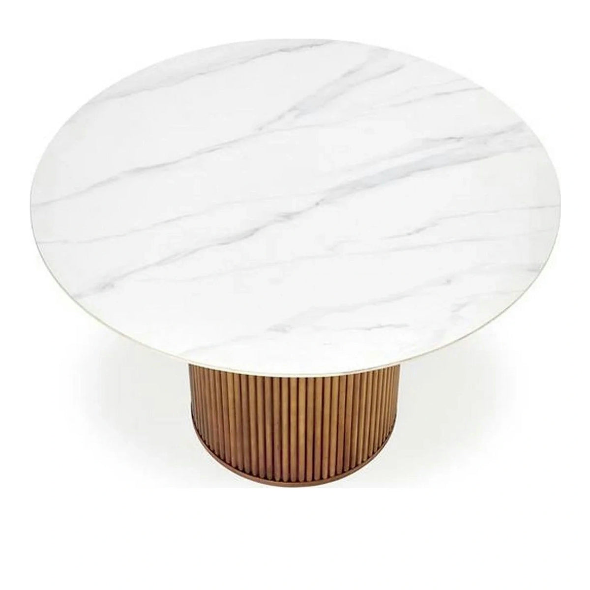 Masa BRUNO, alb cu efect de marmura/nuc, 120x120x76 cm