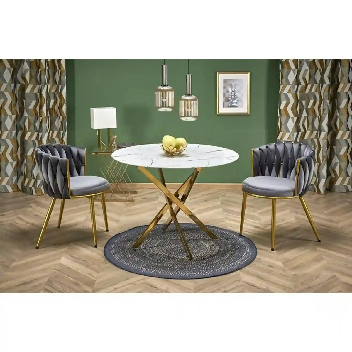 Masa bucatarie dimensiuni mici RAYMOND 2, alb/auriu, sticla/otel, 100x73 cm