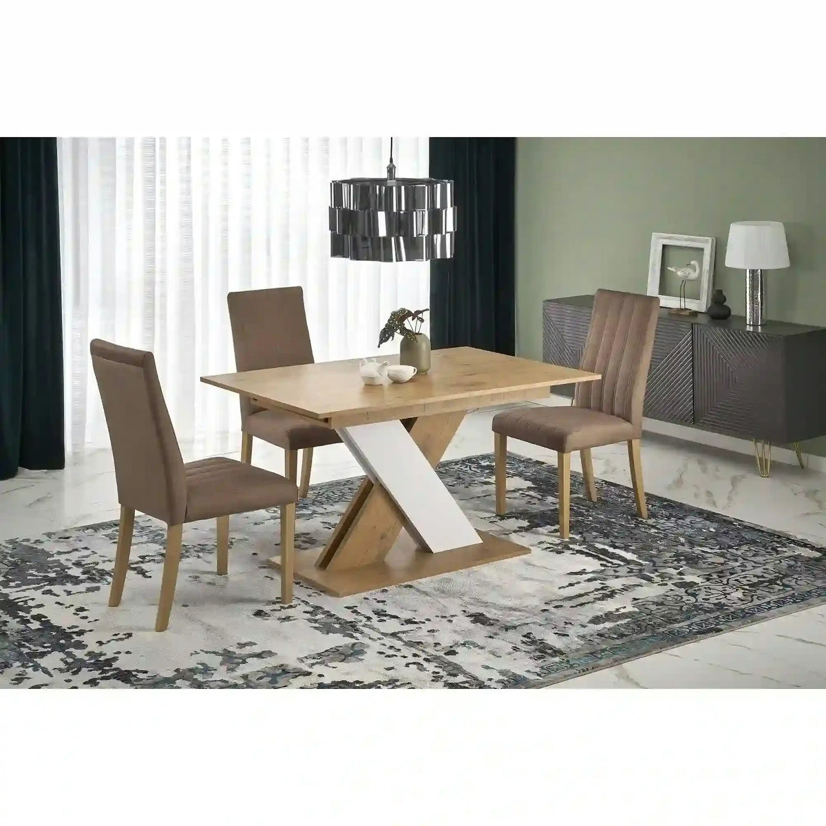 Masa bucatarie dreptunghiulara XARELTO, stejar/alb, PAL/furnir, 130/175x85x76 cm
