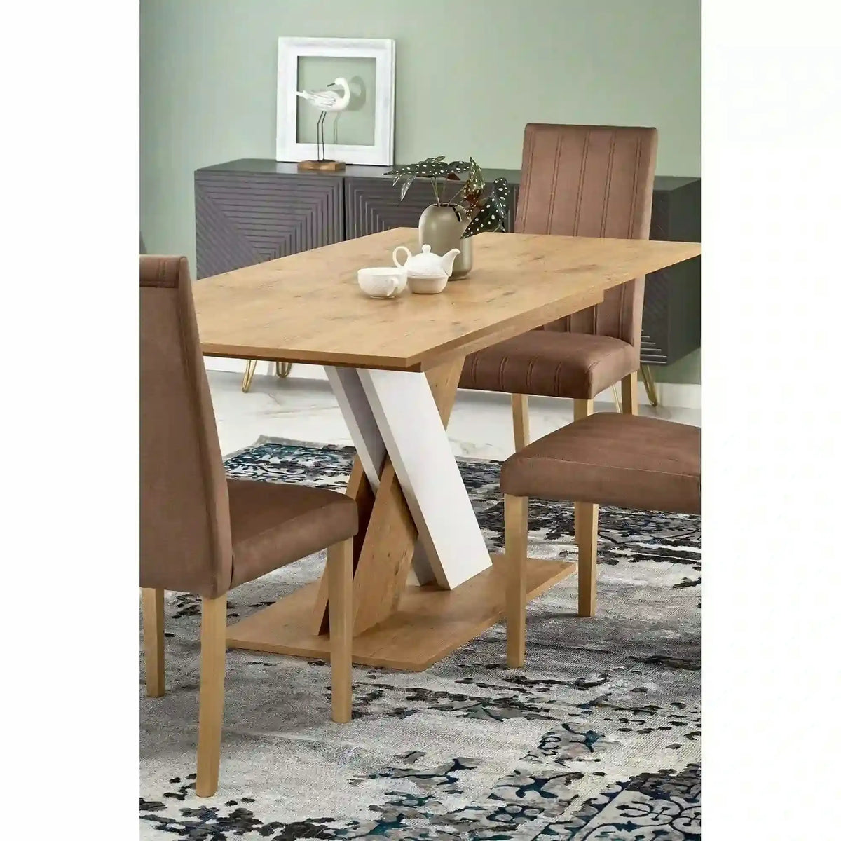 Masa bucatarie dreptunghiulara XARELTO, stejar/alb, PAL/furnir, 130/175x85x76 cm