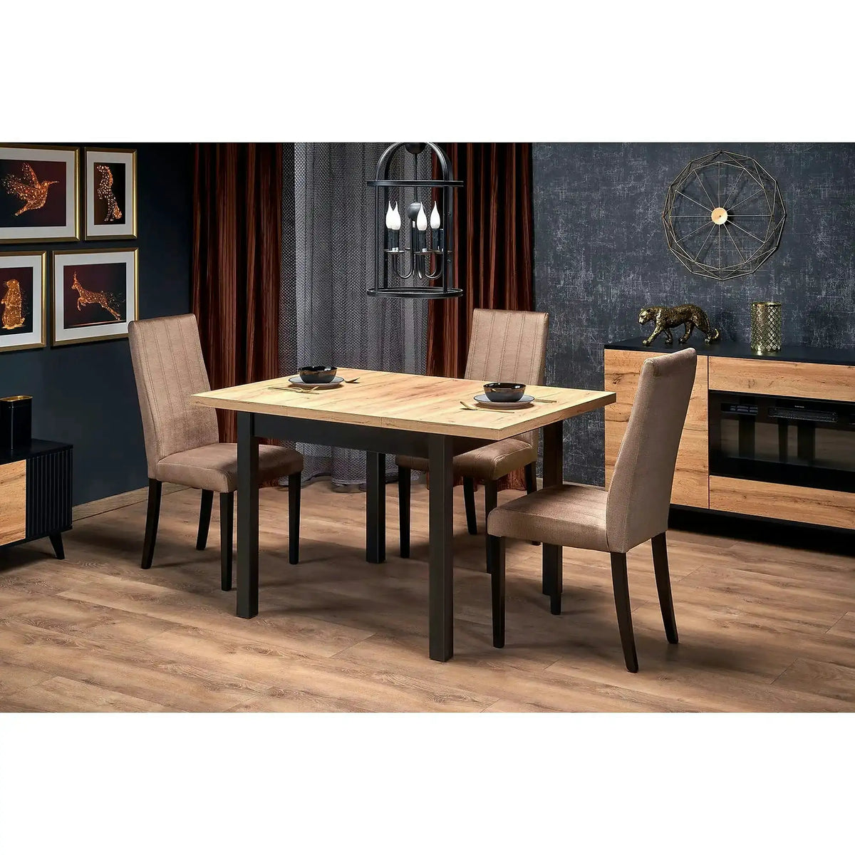 Masa bucatarie extensibila lemn TIAGO, stejar/negru, 90/125x90x77 cm
