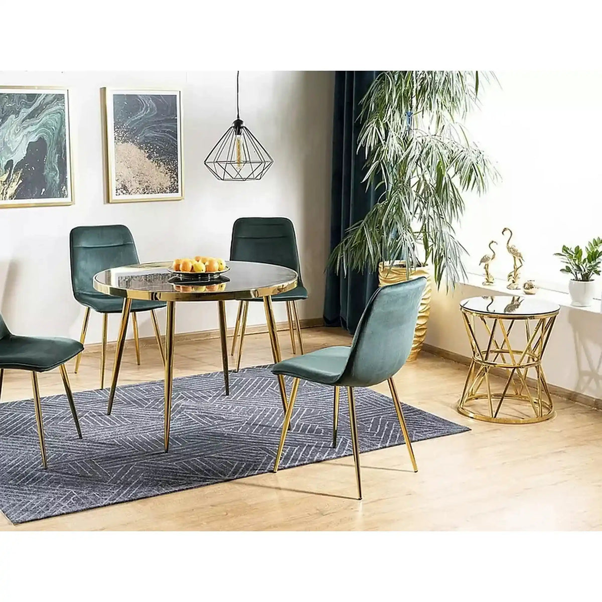 Masa CALVIN, negru cu efect de marmura/auriu, sticla securizata/metal, 100x100x75 cm