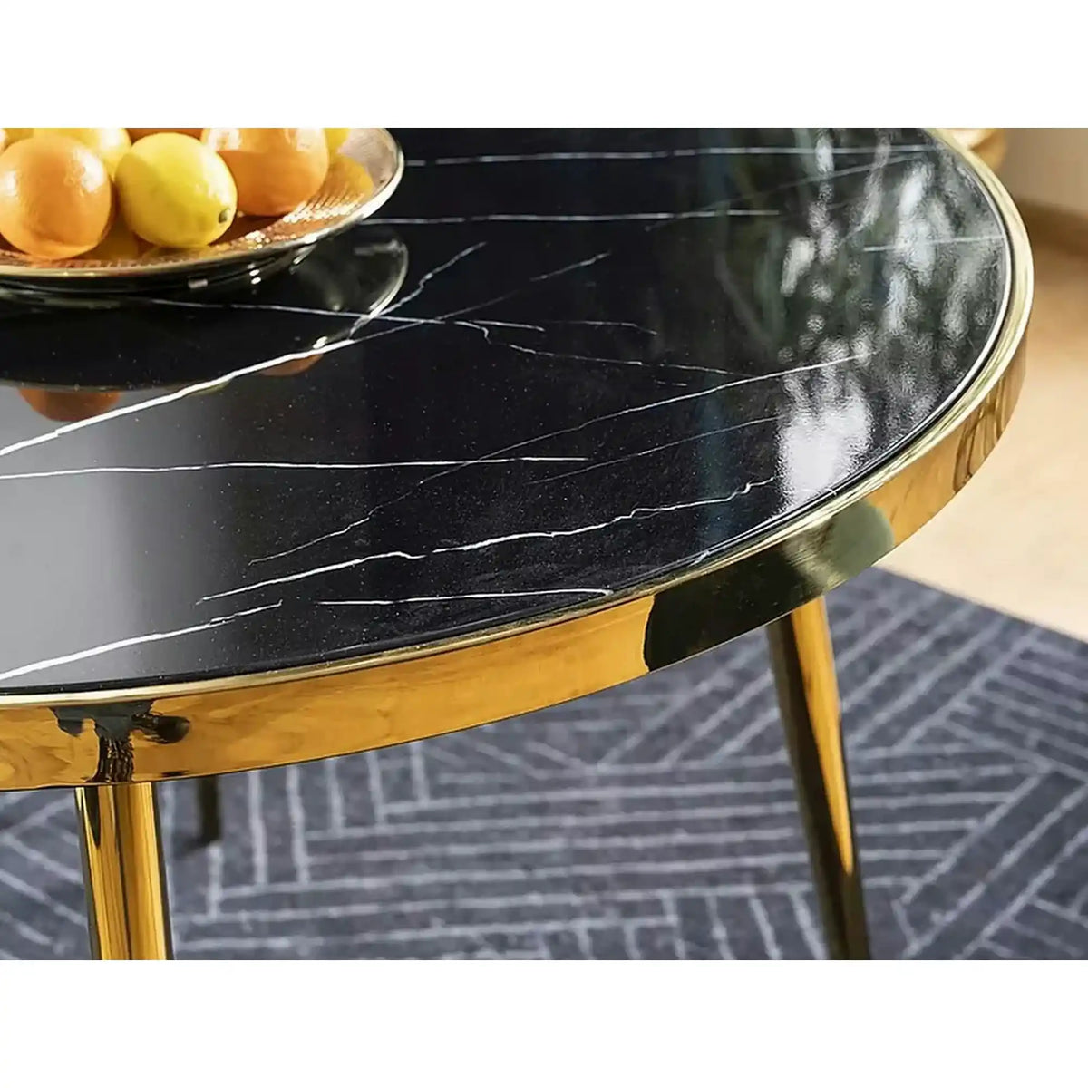 Masa CALVIN, negru cu efect de marmura/auriu, sticla securizata/metal, 100x100x75 cm