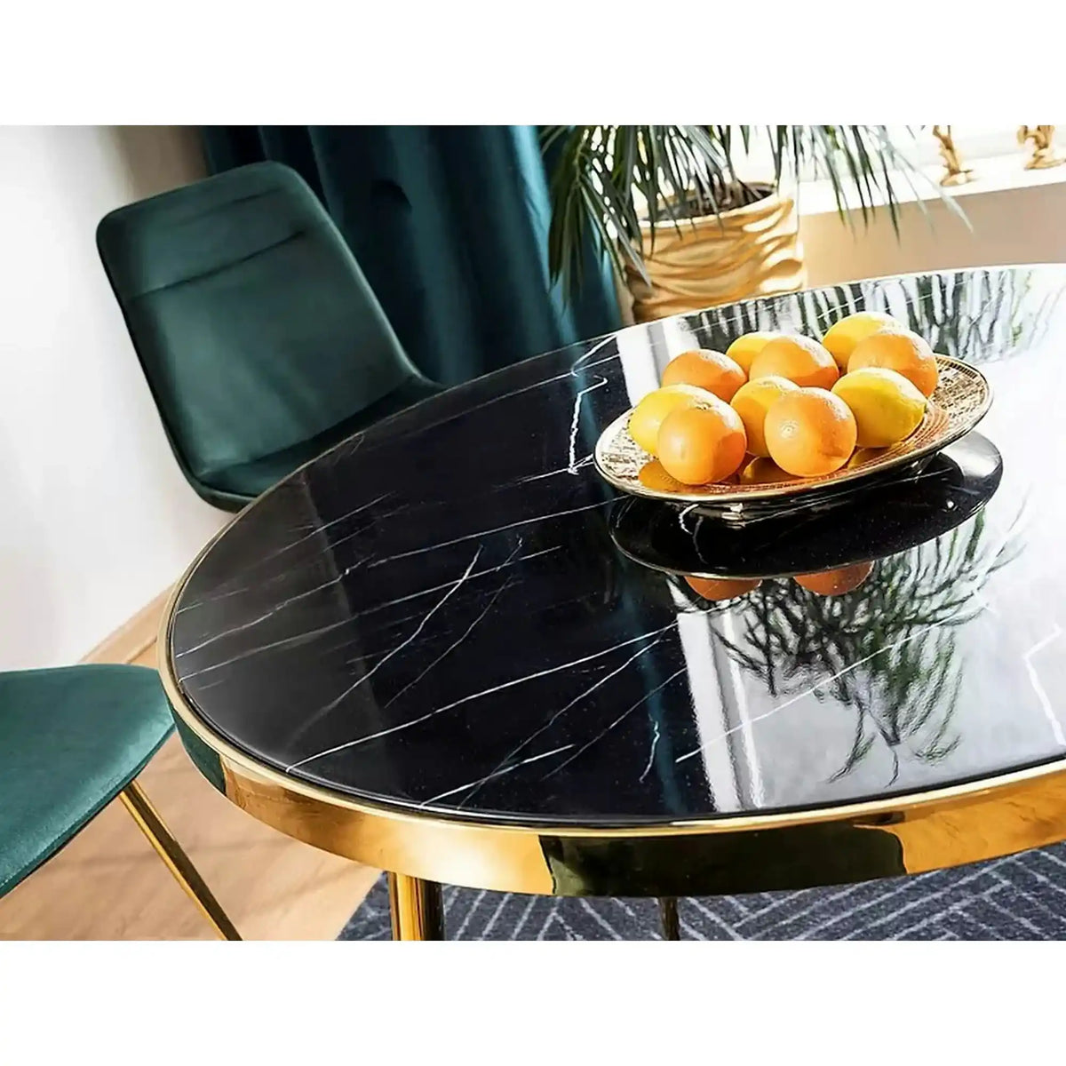 Masa CALVIN, negru cu efect de marmura/auriu, sticla securizata/metal, 100x100x75 cm