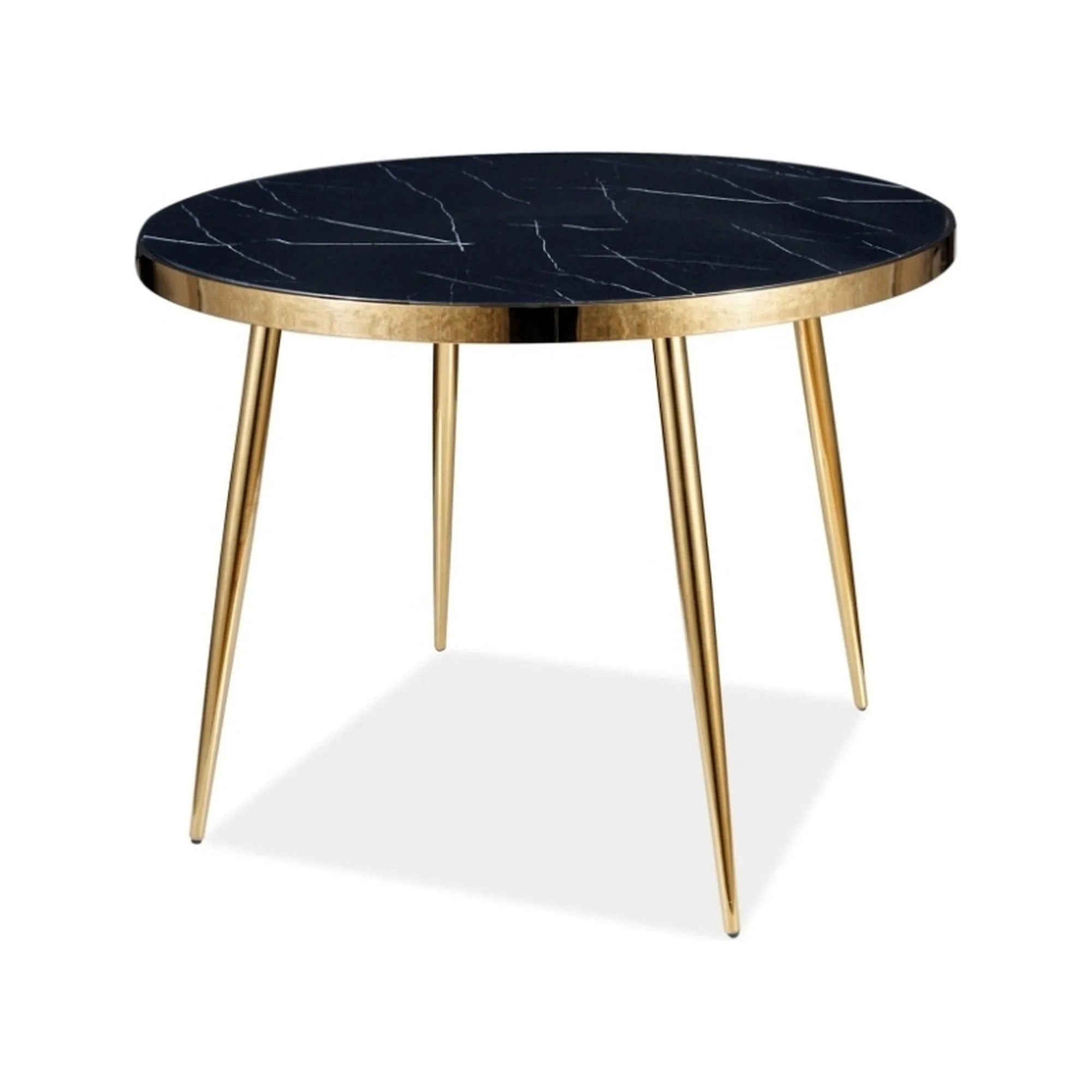 Masa CALVIN, negru cu efect de marmura/auriu, sticla securizata/metal, 100x100x75 cm