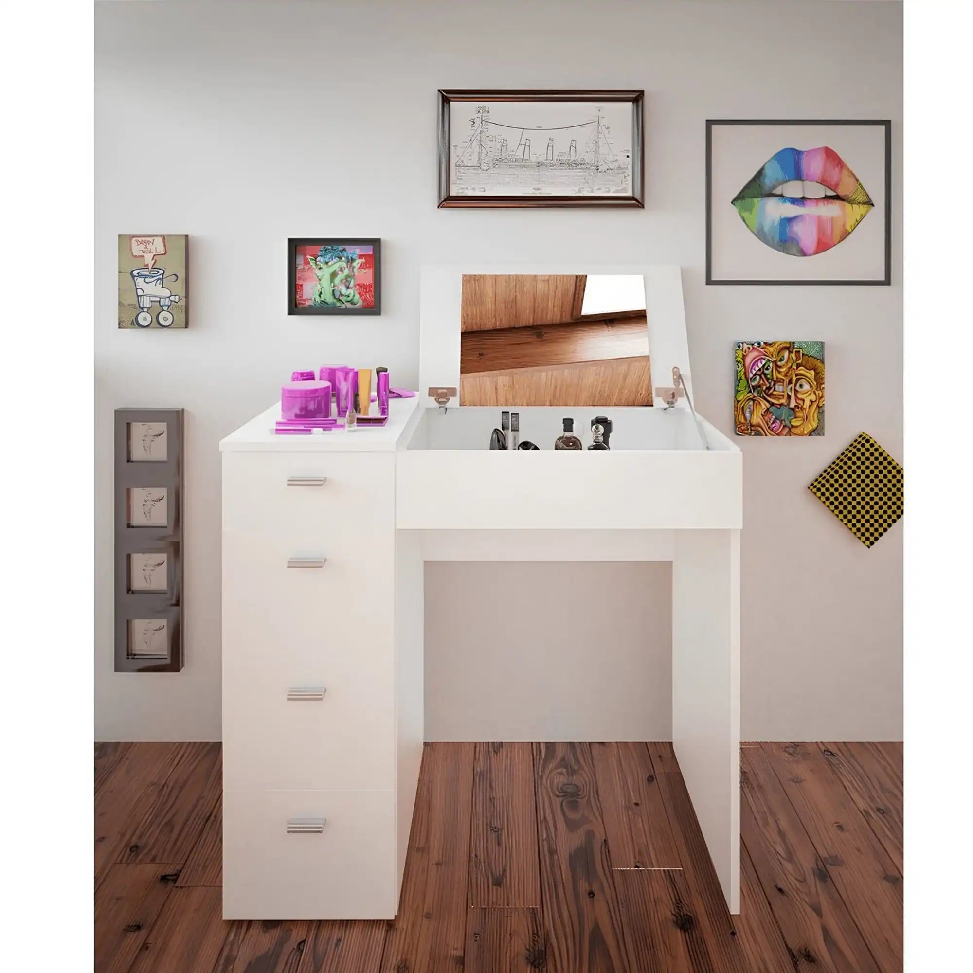 Masa de toaleta BELINA, alb, PAL melaminat, cu oglinda, 90x43x83 cm