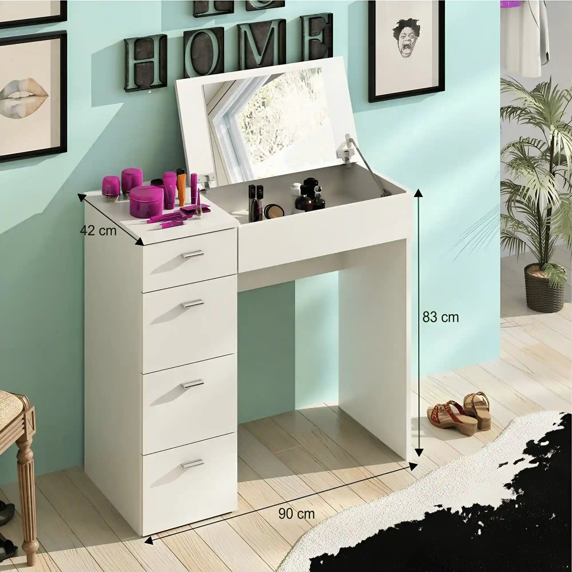 Masa de toaleta BELINA, alb, PAL melaminat, cu oglinda, 90x43x83 cm