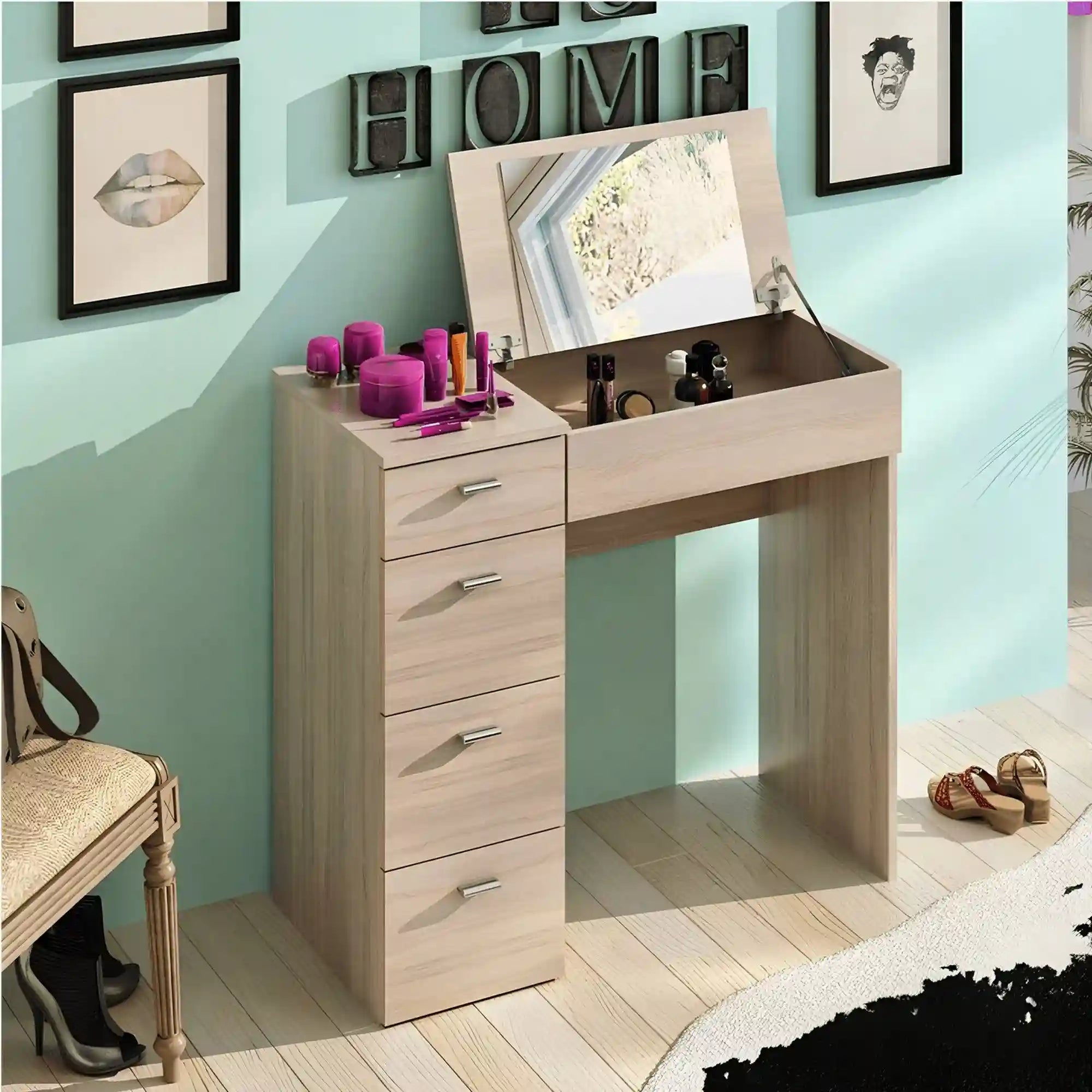 Masa de toaleta BELINA, stejar sonoma, PAL melaminat, cu oglinda, 90x43x83 cm