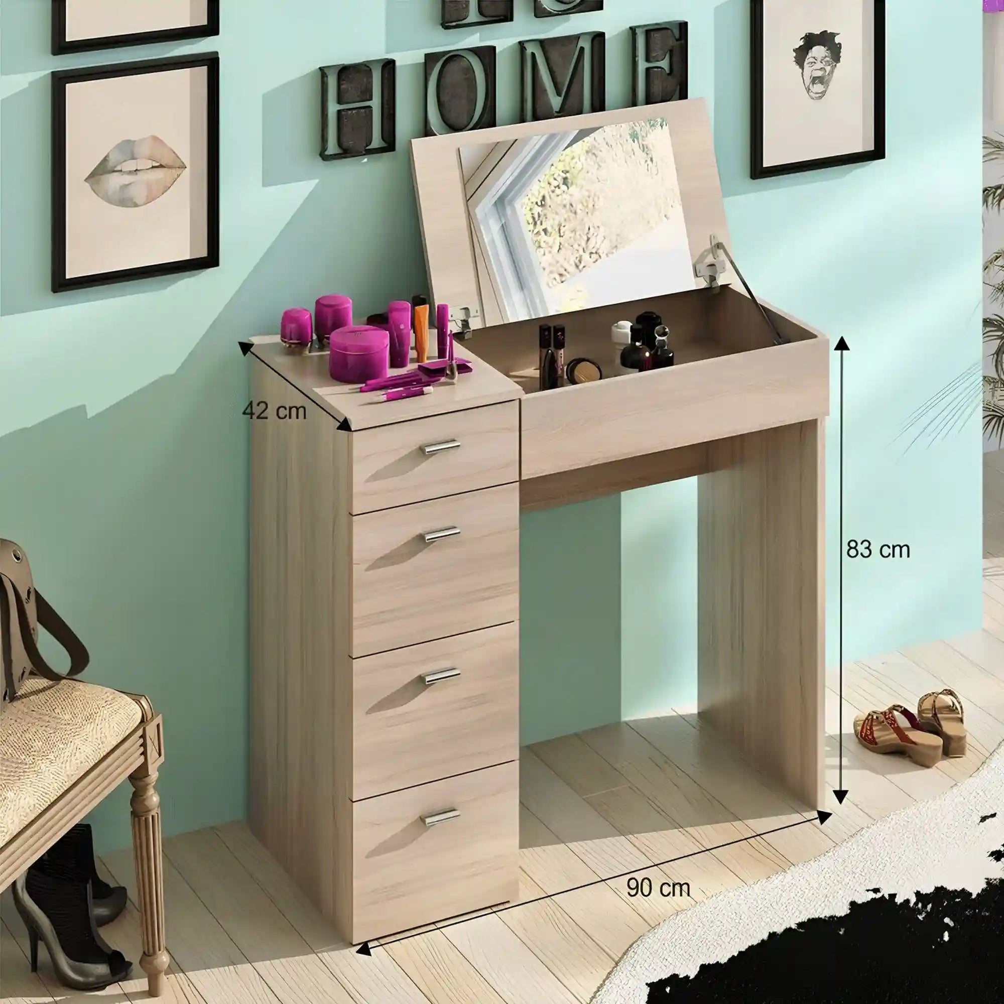 Masa de toaleta BELINA, stejar sonoma, PAL melaminat, cu oglinda, 90x43x83 cm