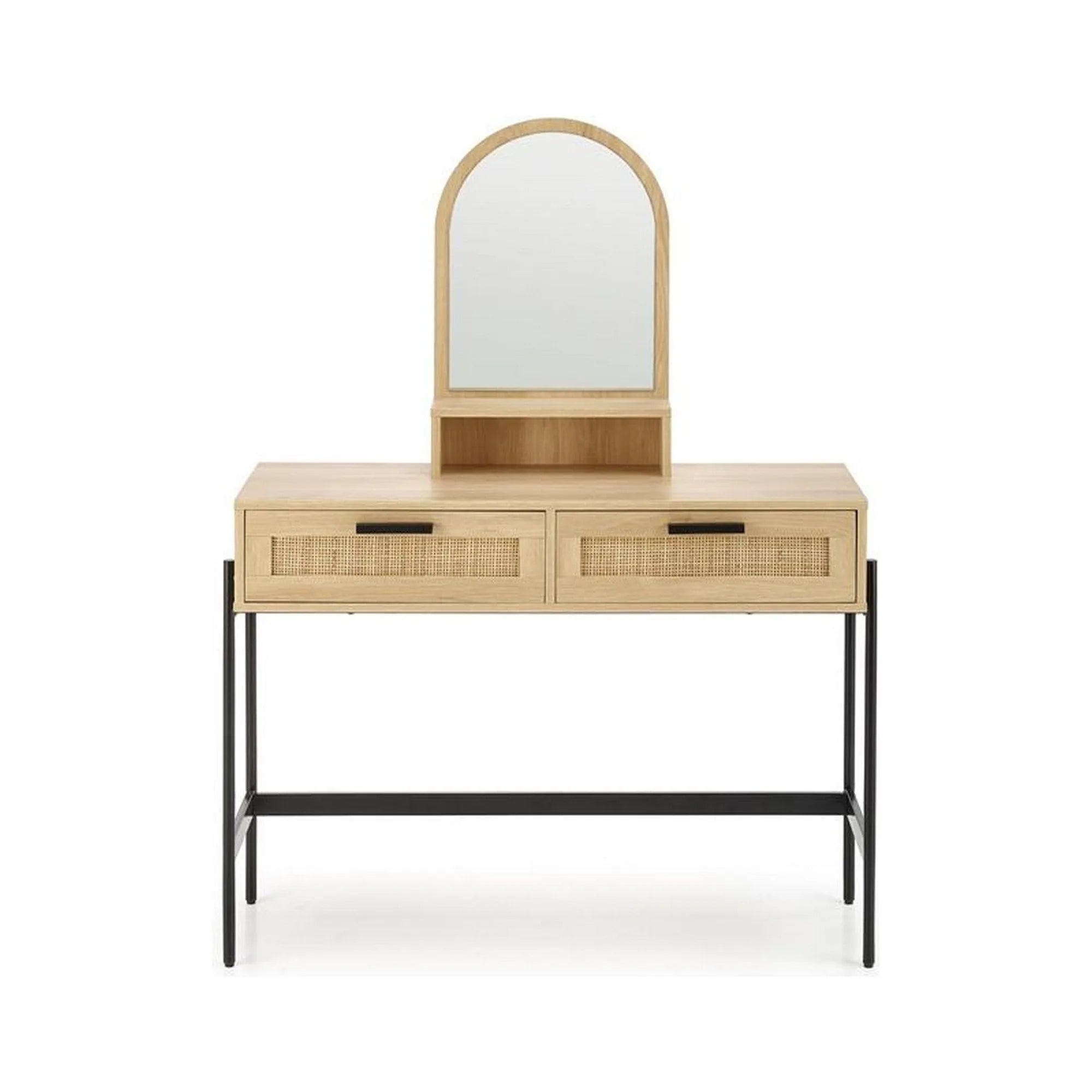 Masa de toaleta CARMEN, stejar natural/negru, PAL melaminat/rattan, cu oglinda, 104x35x136 cm