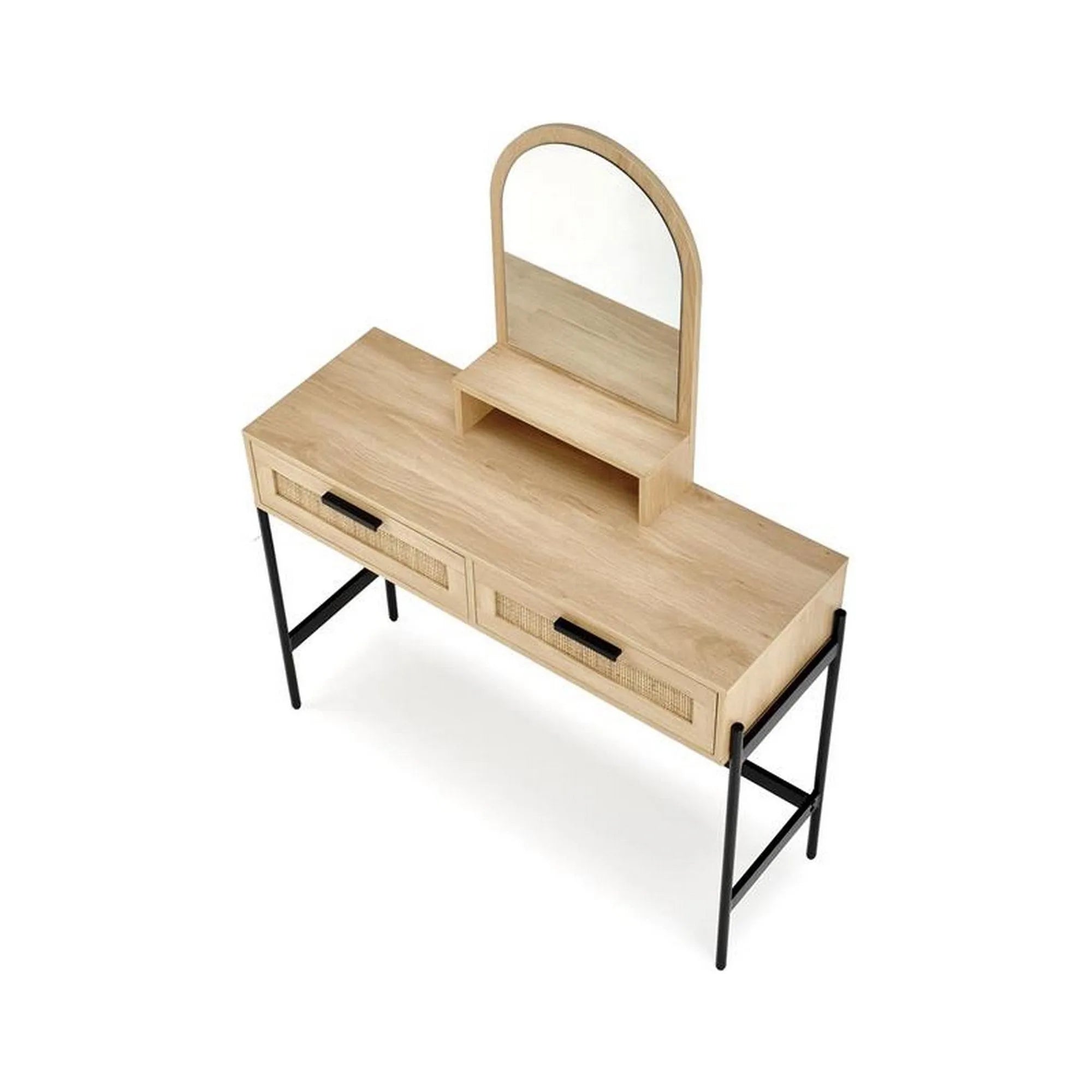 Masa de toaleta CARMEN, stejar natural/negru, PAL melaminat/rattan, cu oglinda, 104x35x136 cm