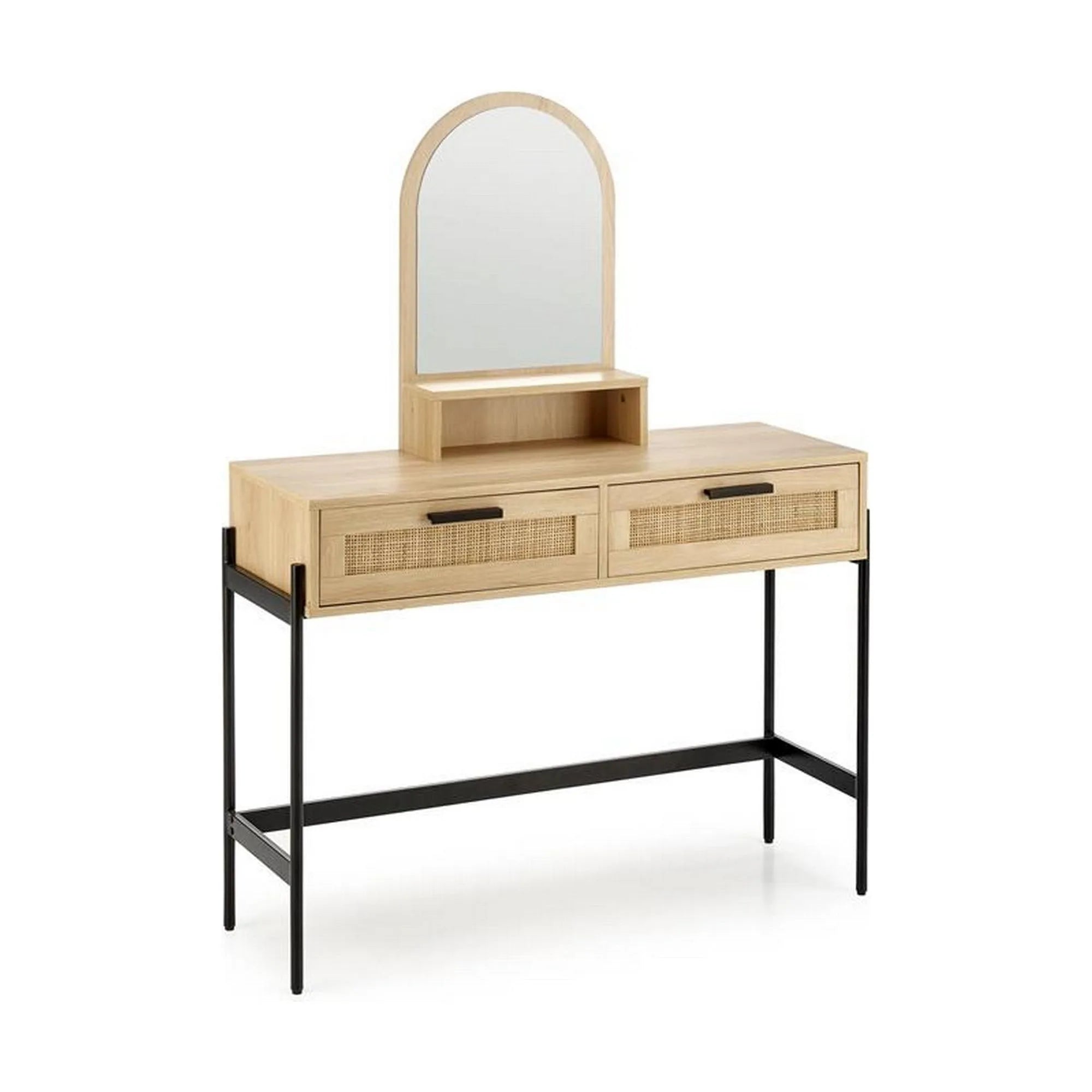 Masa de toaleta CARMEN, stejar natural/negru, PAL melaminat/rattan, cu oglinda, 104x35x136 cm