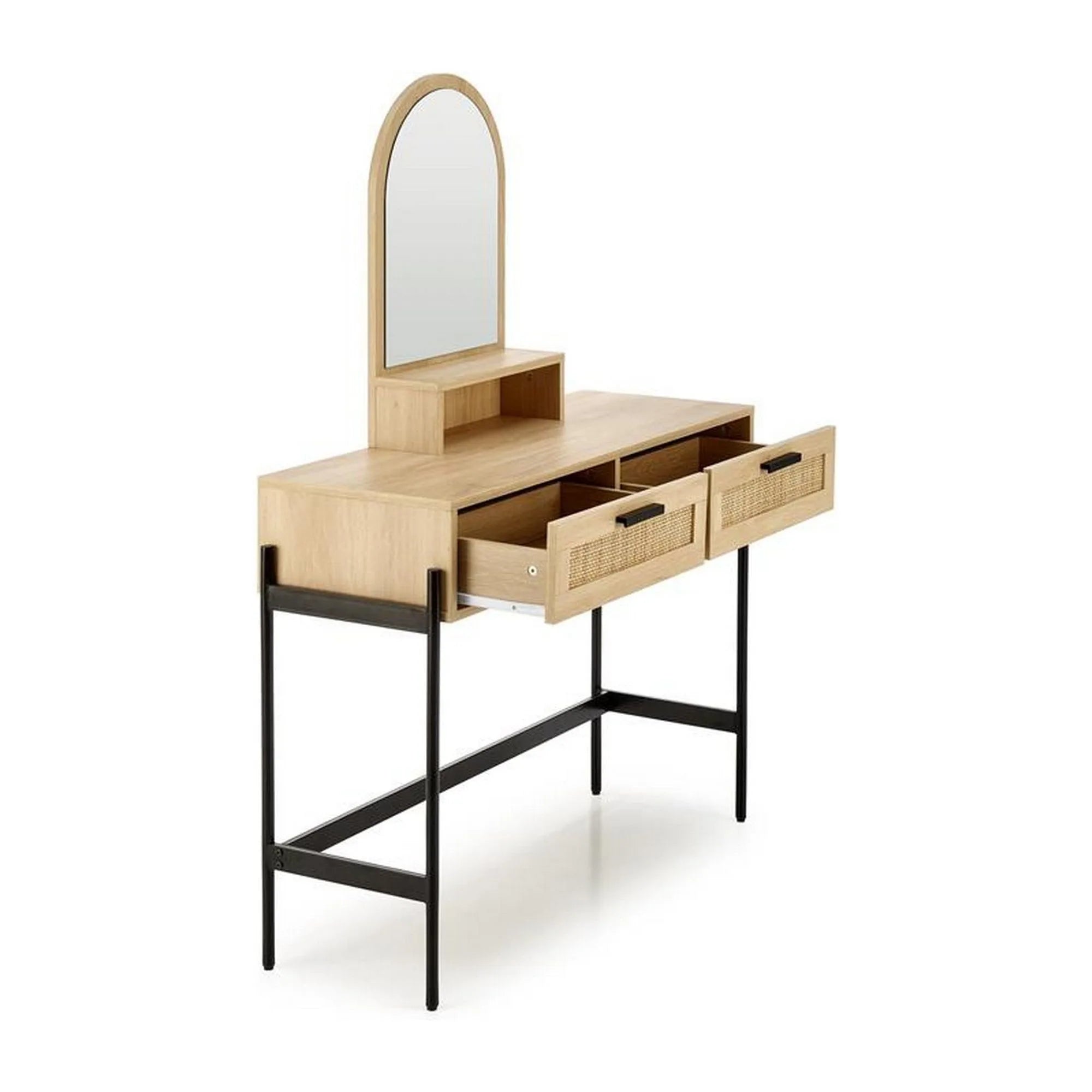 Masa de toaleta CARMEN, stejar natural/negru, PAL melaminat/rattan, cu oglinda, 104x35x136 cm
