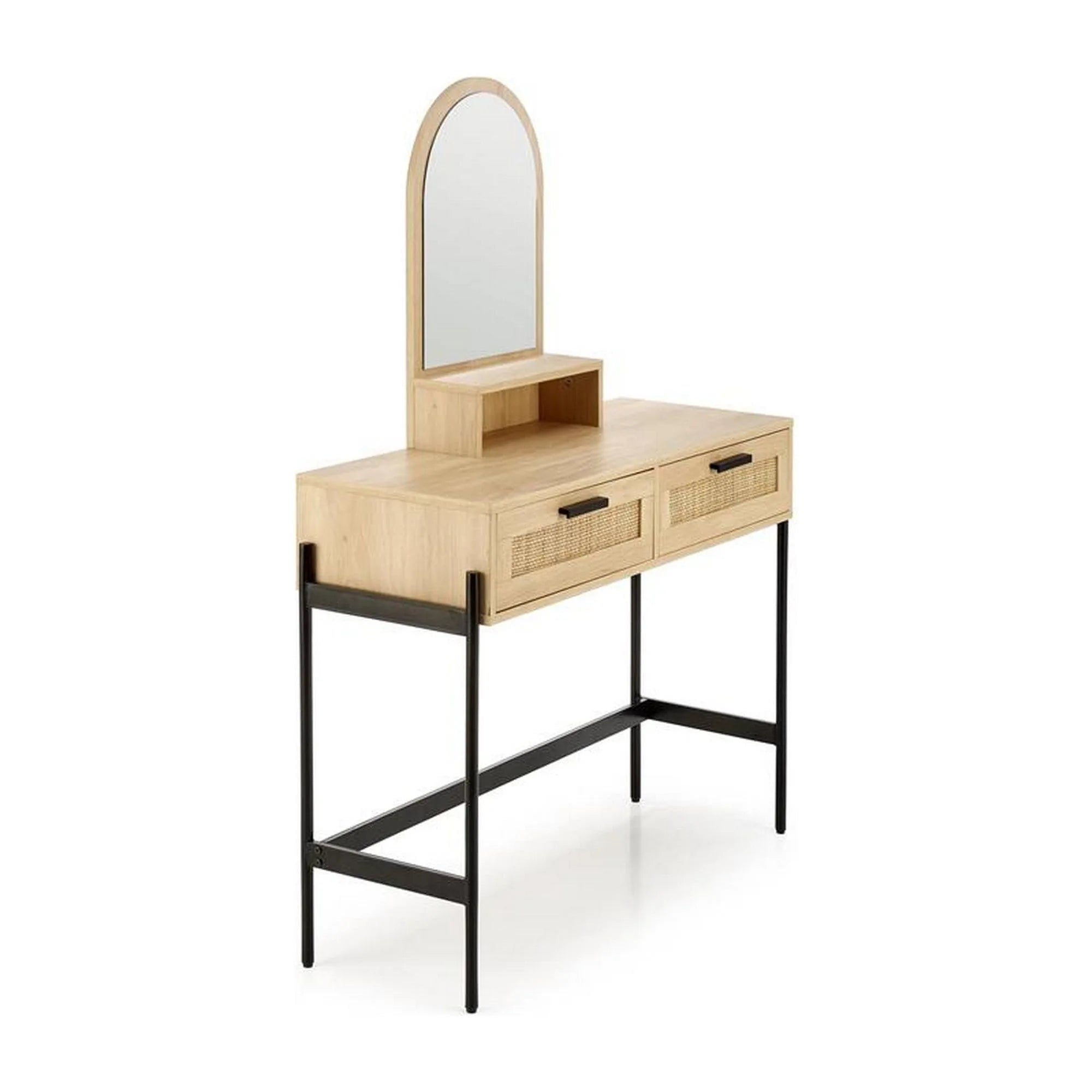 Masa de toaleta CARMEN, stejar natural/negru, PAL melaminat/rattan, cu oglinda, 104x35x136 cm