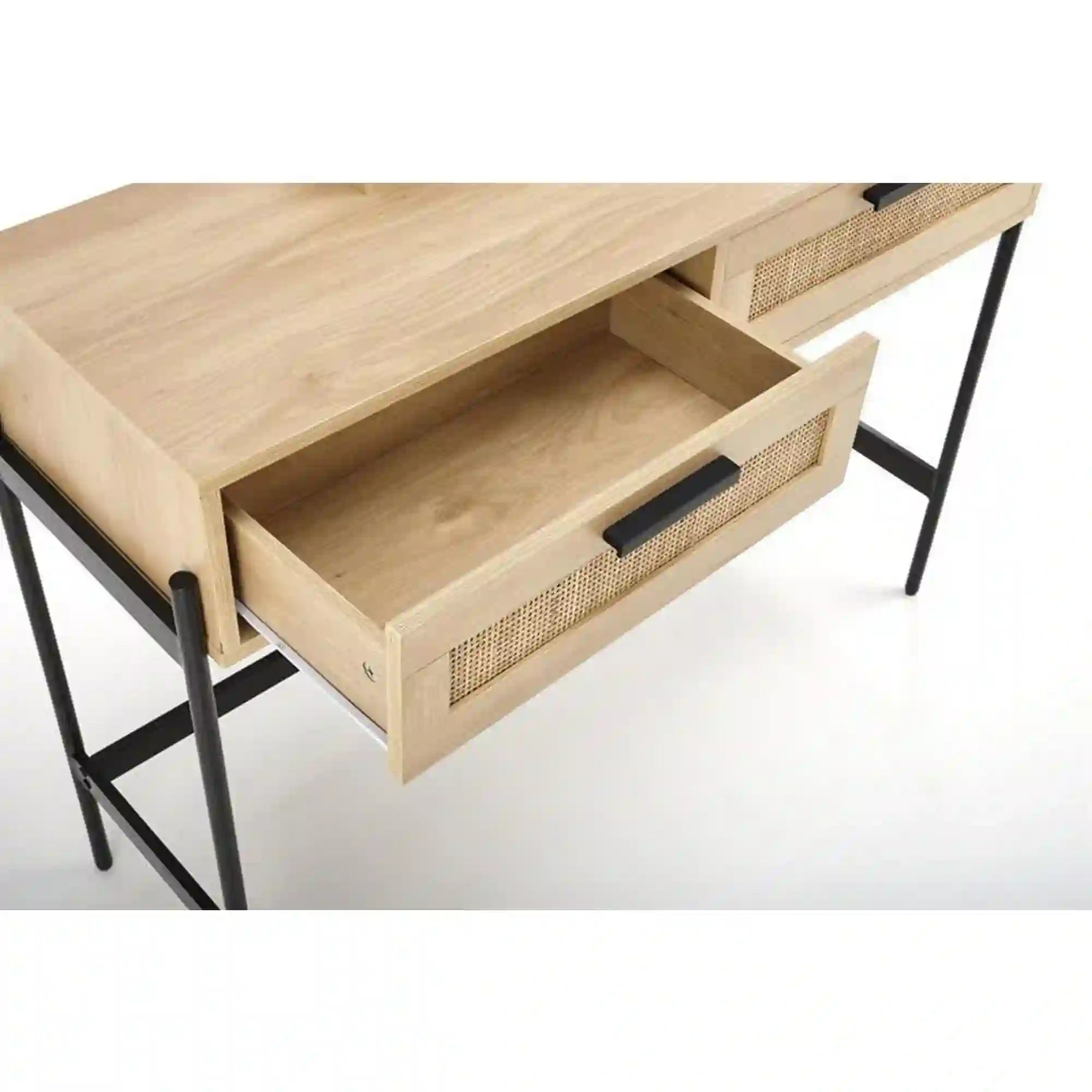 Masa de toaleta CARMEN, stejar natural/negru, PAL melaminat/rattan, cu oglinda, 104x35x136 cm