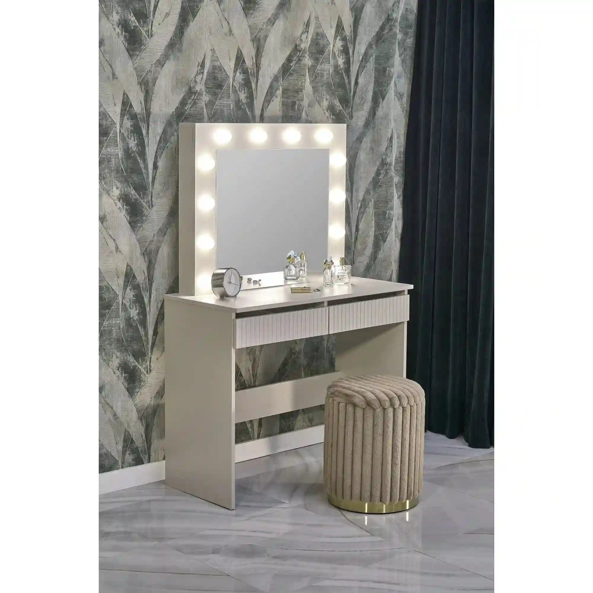 Masa de toaleta HOLLYWOOD 2, casmir, PAL laminat, cu oglinda si iluminare LED, 94x43x140 cm