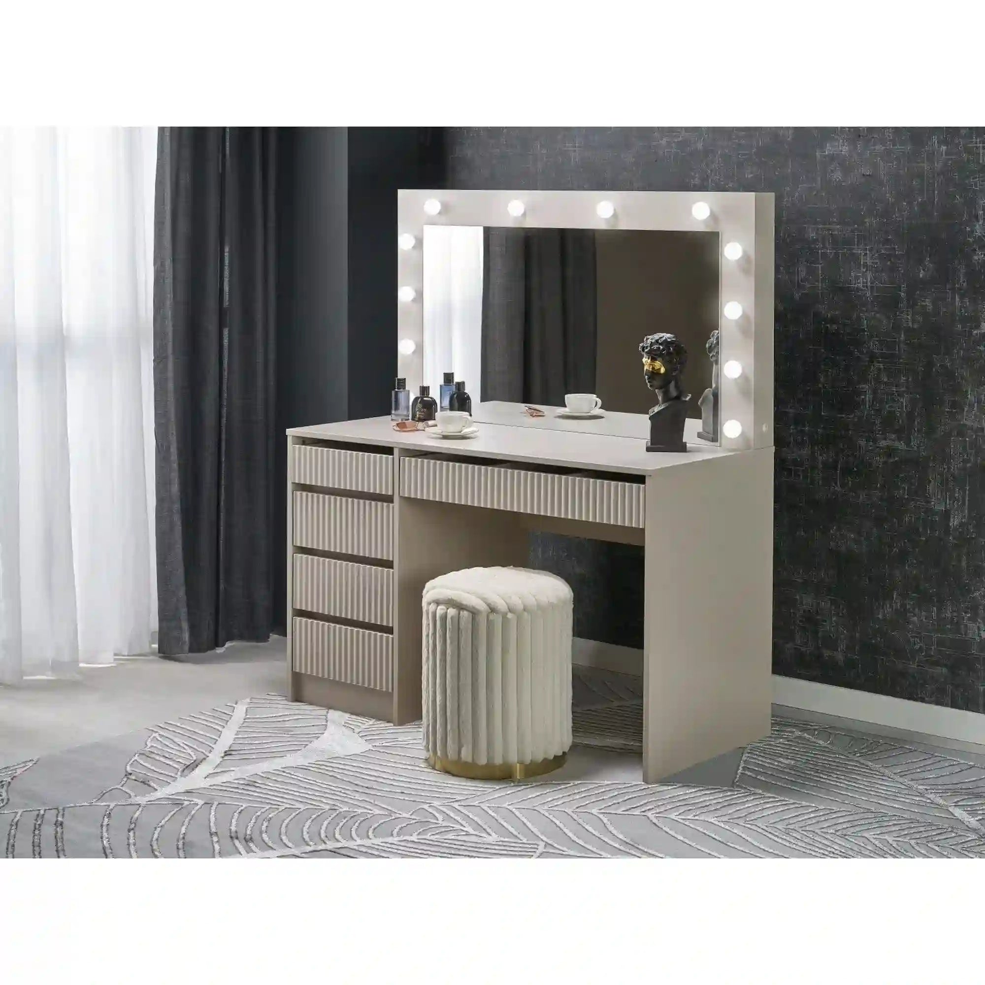 Masa de toaleta HOLLYWOOD 2 XL, casmir, PAL laminat, cu oglinda si iluminare LED, 120x55x140 cm