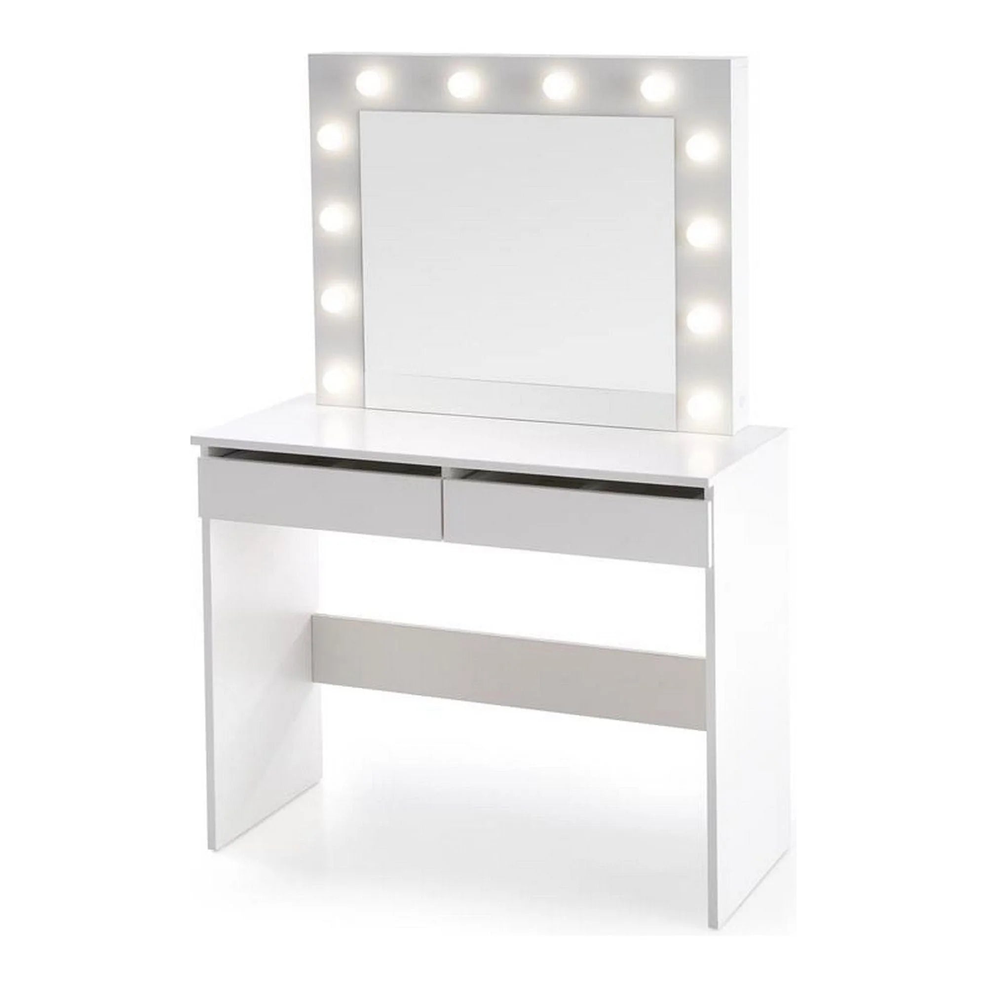 Masa de toaleta HOLLYWOOD, alb, PAL furniruit, cu oglinda si iluminare LED, 94x43x140 cm