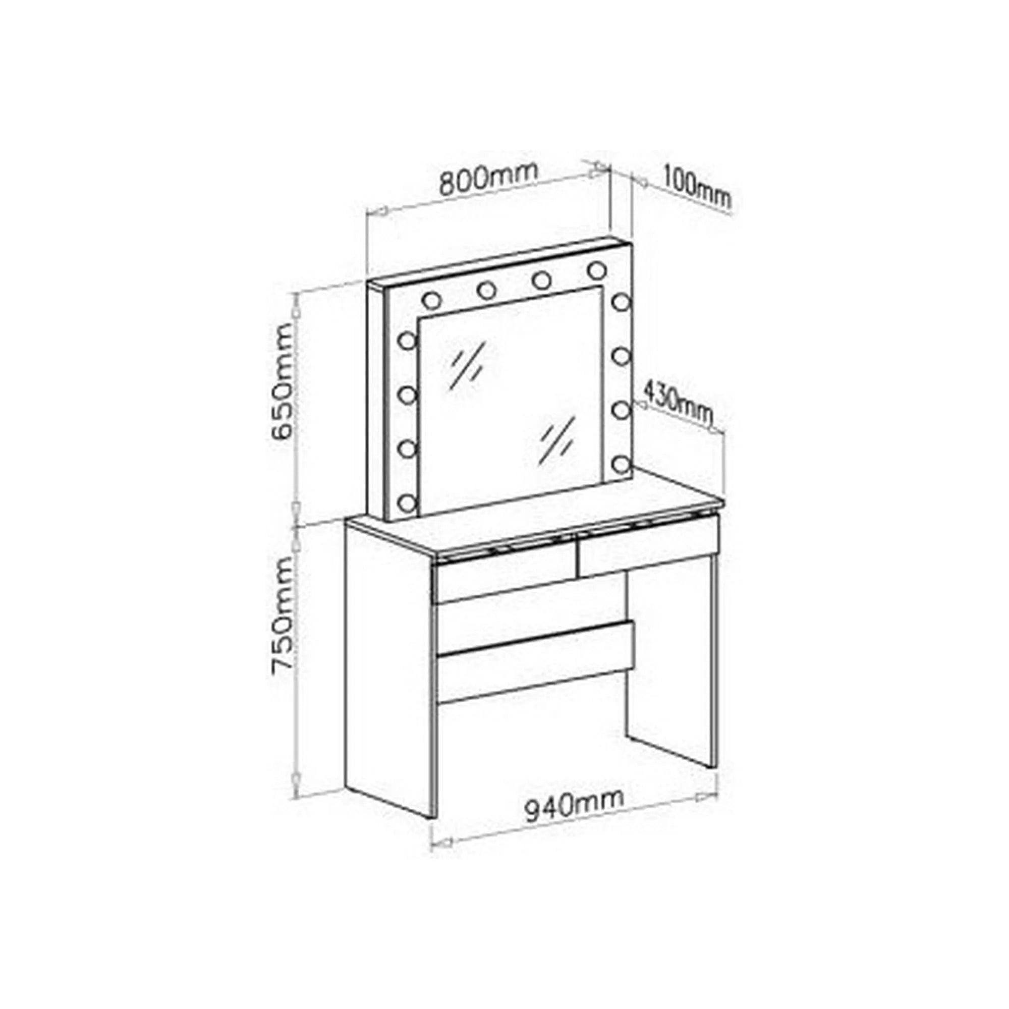 Masa de toaleta HOLLYWOOD, alb, PAL furniruit, cu oglinda si iluminare LED, 94x43x140 cm