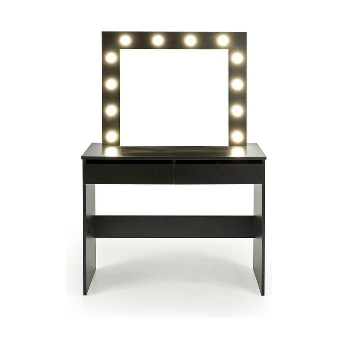 Masa de toaleta HOLLYWOOD, negru, PAL furniruit, cu oglinda si iluminare LED, 94x43x140 cm