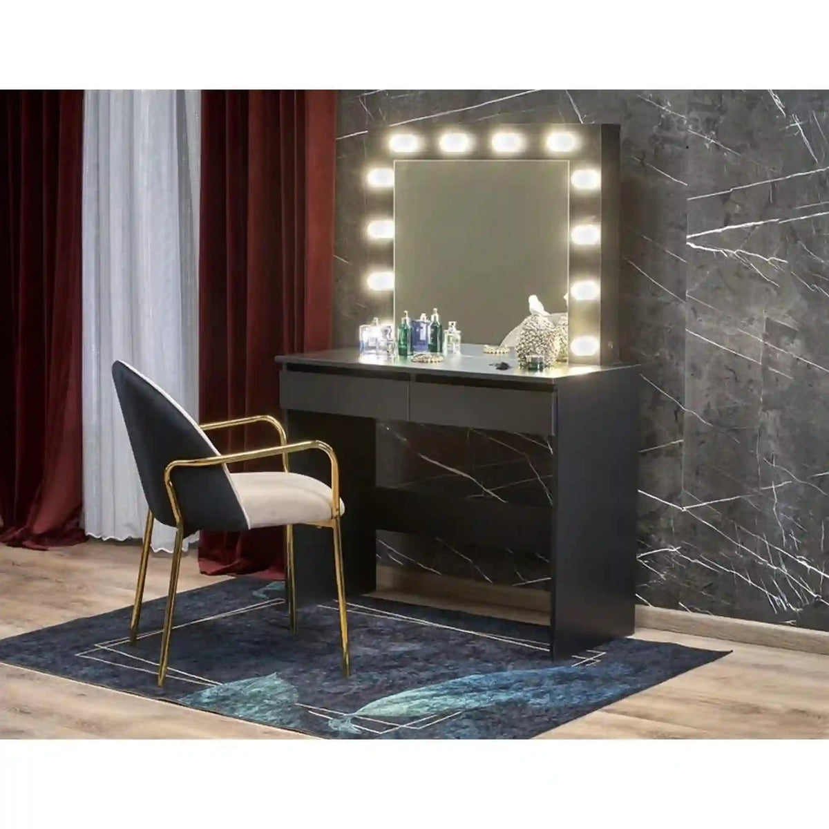 Masa de toaleta HOLLYWOOD, negru, PAL furniruit, cu oglinda si iluminare LED, 94x43x140 cm