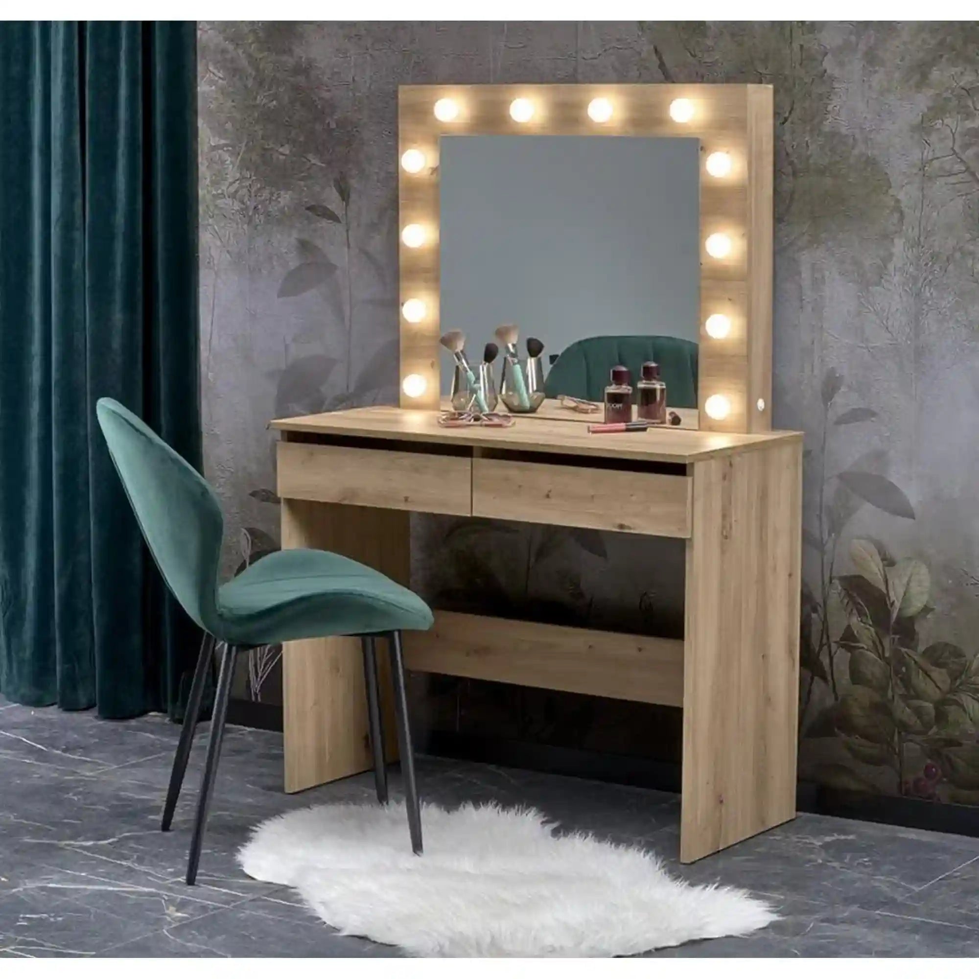 Masa de toaleta HOLLYWOOD, stejar artisan, PAL laminat, cu oglinda si iluminare LED, 94x43x140 cm