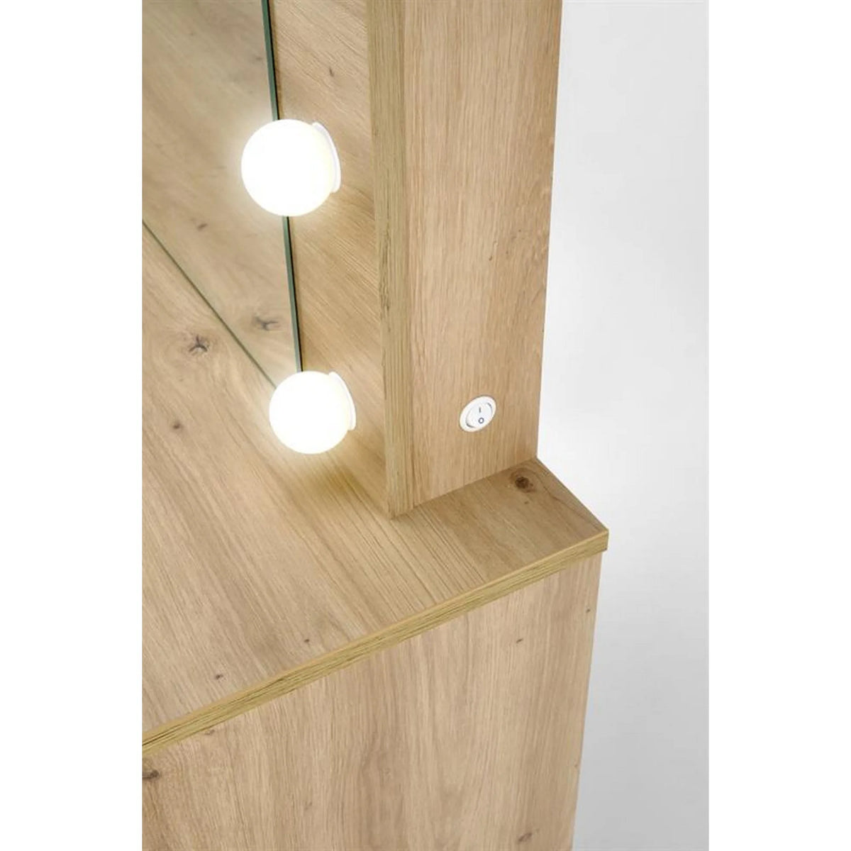 Masa de toaleta HOLLYWOOD, stejar artisan, PAL laminat, cu oglinda si iluminare LED, 94x43x140 cm