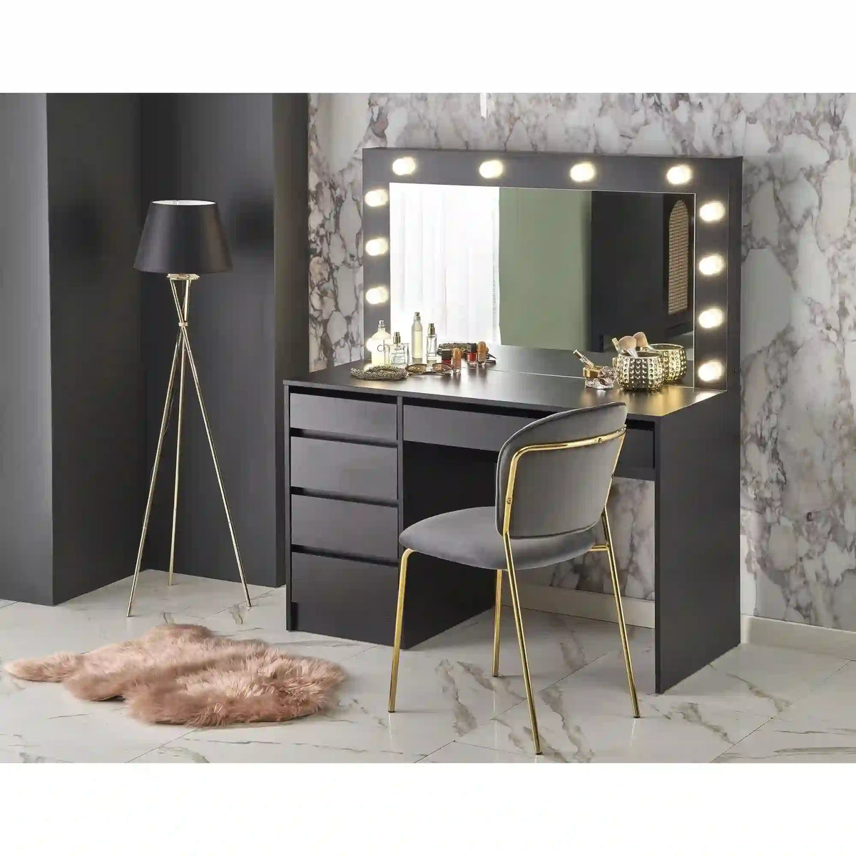 Masa de toaleta HOLLYWOOD XL, negru, PAL furniruit, cu oglinda si iluminare LED, 120x55x140 cm