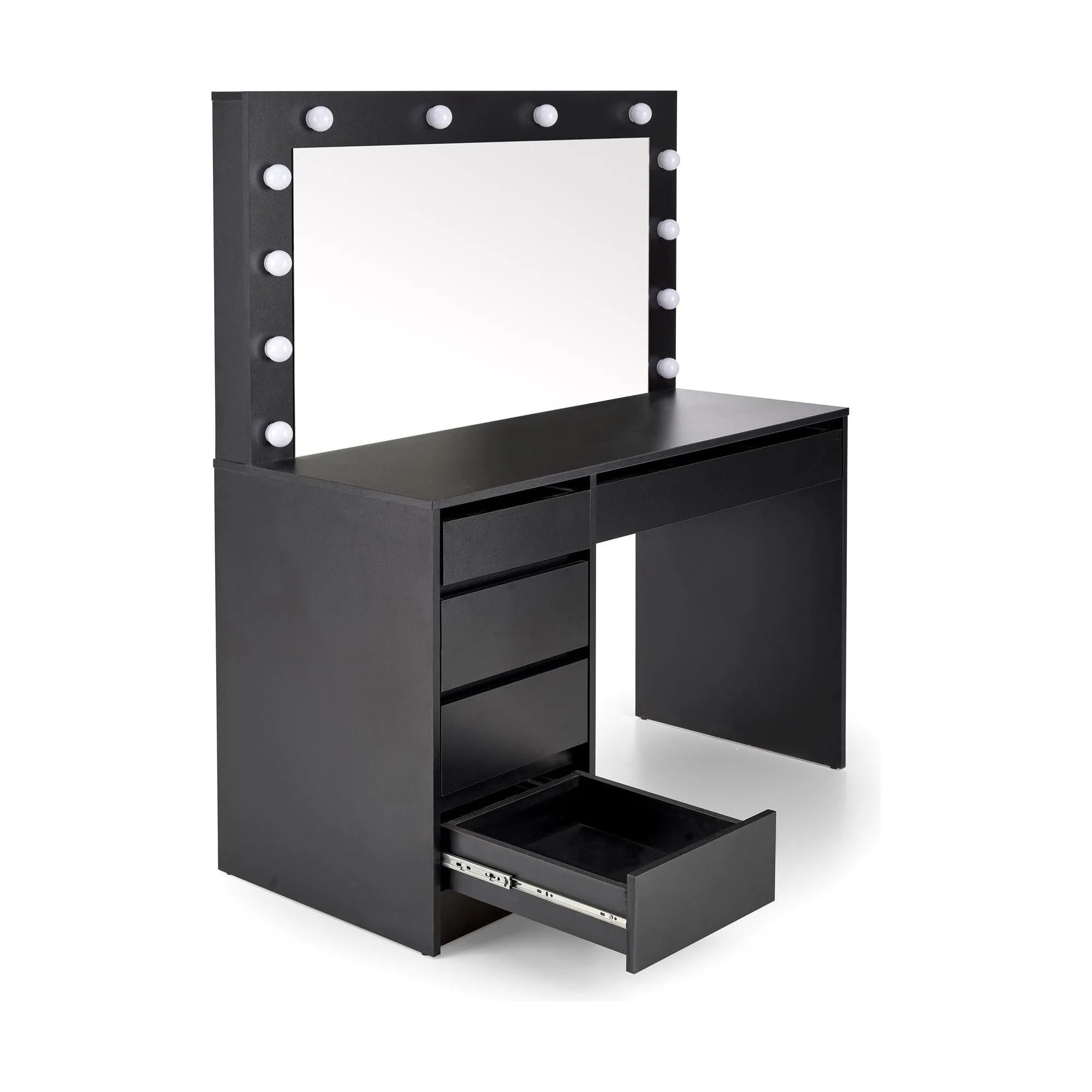 Masa de toaleta HOLLYWOOD XL, negru, PAL furniruit, cu oglinda si iluminare LED, 120x55x140 cm