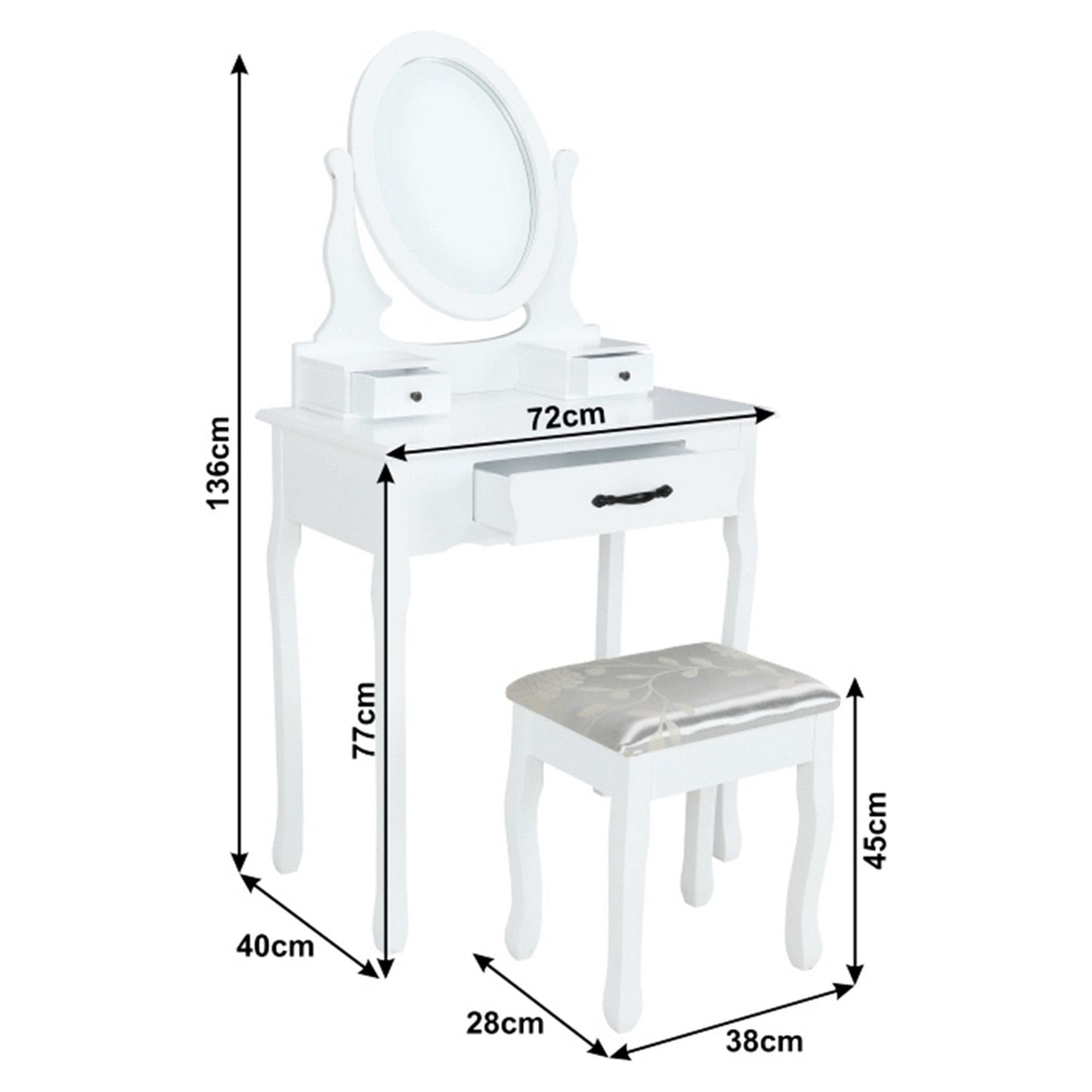 Masa de toaleta LINET NEW, alb/auriu, cu taburet si oglinda, 72x40x136 cm